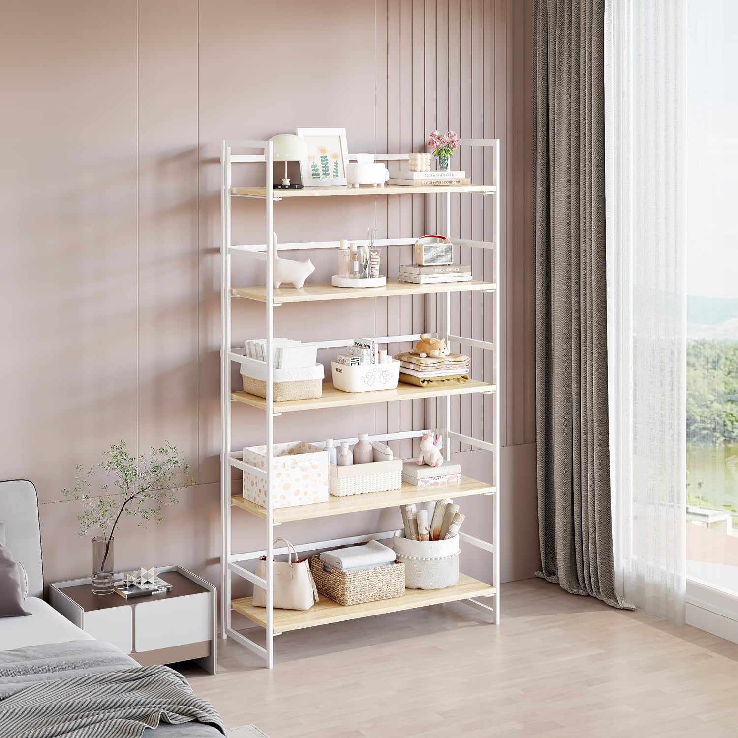 Vintage Multifunctional Folding Bookshelf, No-Assembly Plant Stand Storage Rack Shelves for Home Office (Fire, 5-Tier)