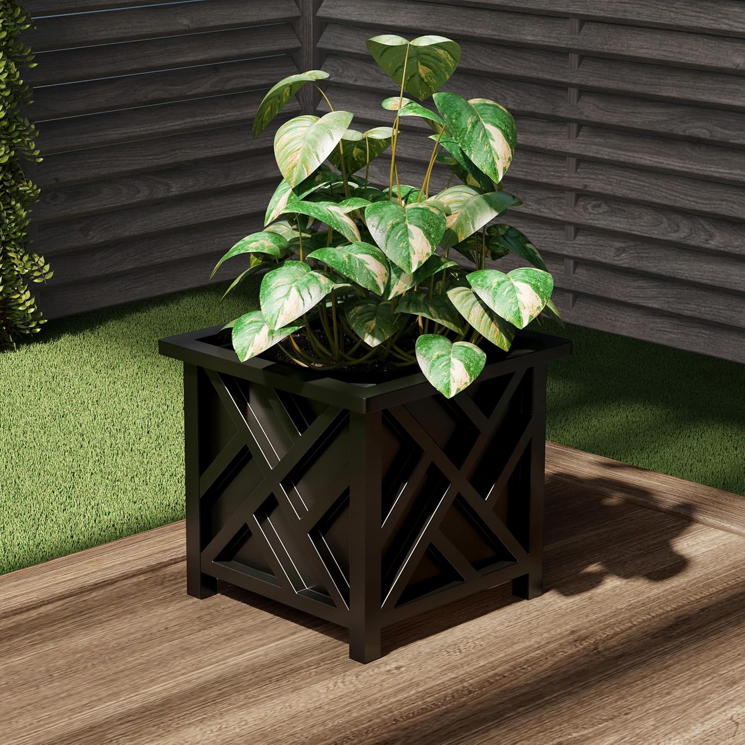 Lattice Design Outdoor Planter Box - 14.75” Square 13” Tall Black Plant Pot - Decorative Plant Pots for Front Porch Decor - Flower Pots Outdoor