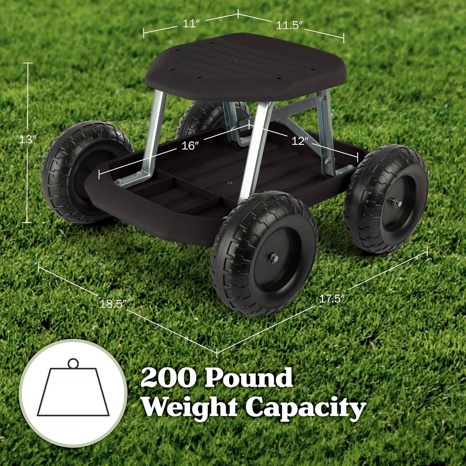 Pure Garden Rolling Garden Seat with Wheels and Tool Tray, Black/Green | Gardening Stool Garden Cart Scooter with Storage for Yard Tools