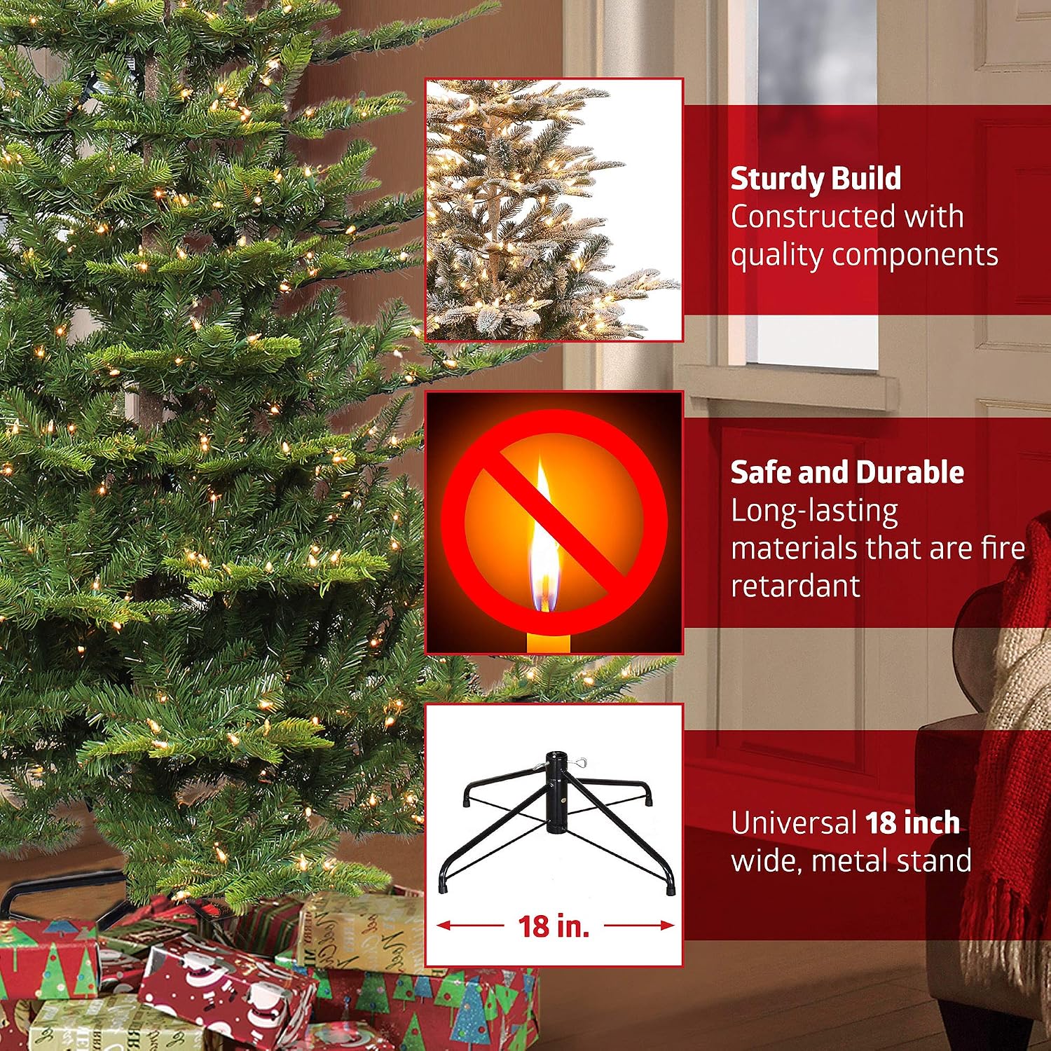 Puleo International 7.5 Foot Pre-Lit Slim Flocked Fraser Fir Artificial Christmas Tree with 500 UL Listed Clear Lights