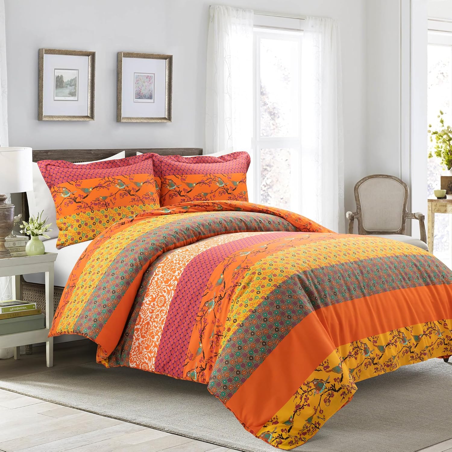 Lush Decor Royal Empire Reversible Cotton Quilt Set, 3 Piece Set Full/ Queen, Plum - Striped Bedding Set - Floral Quilt Queen Size - Purple Bedding - Boho Decor