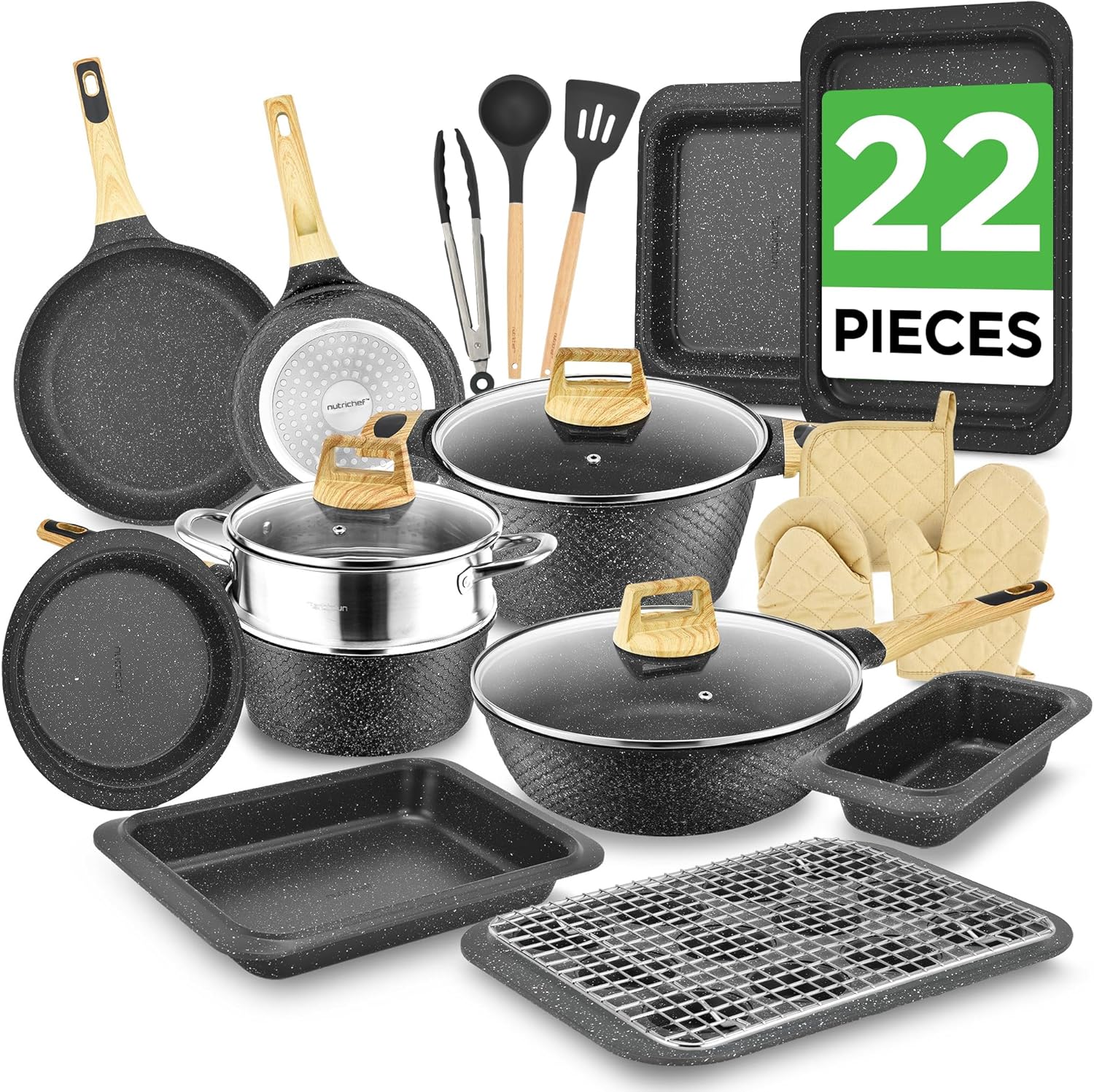 NutriChef 14-Piece Pots and Pans Set Non Stick – Induction Cookware Set, PFAS-Free Nonstick Cookware for All Cooktops, Includes Kitchen Utensils
