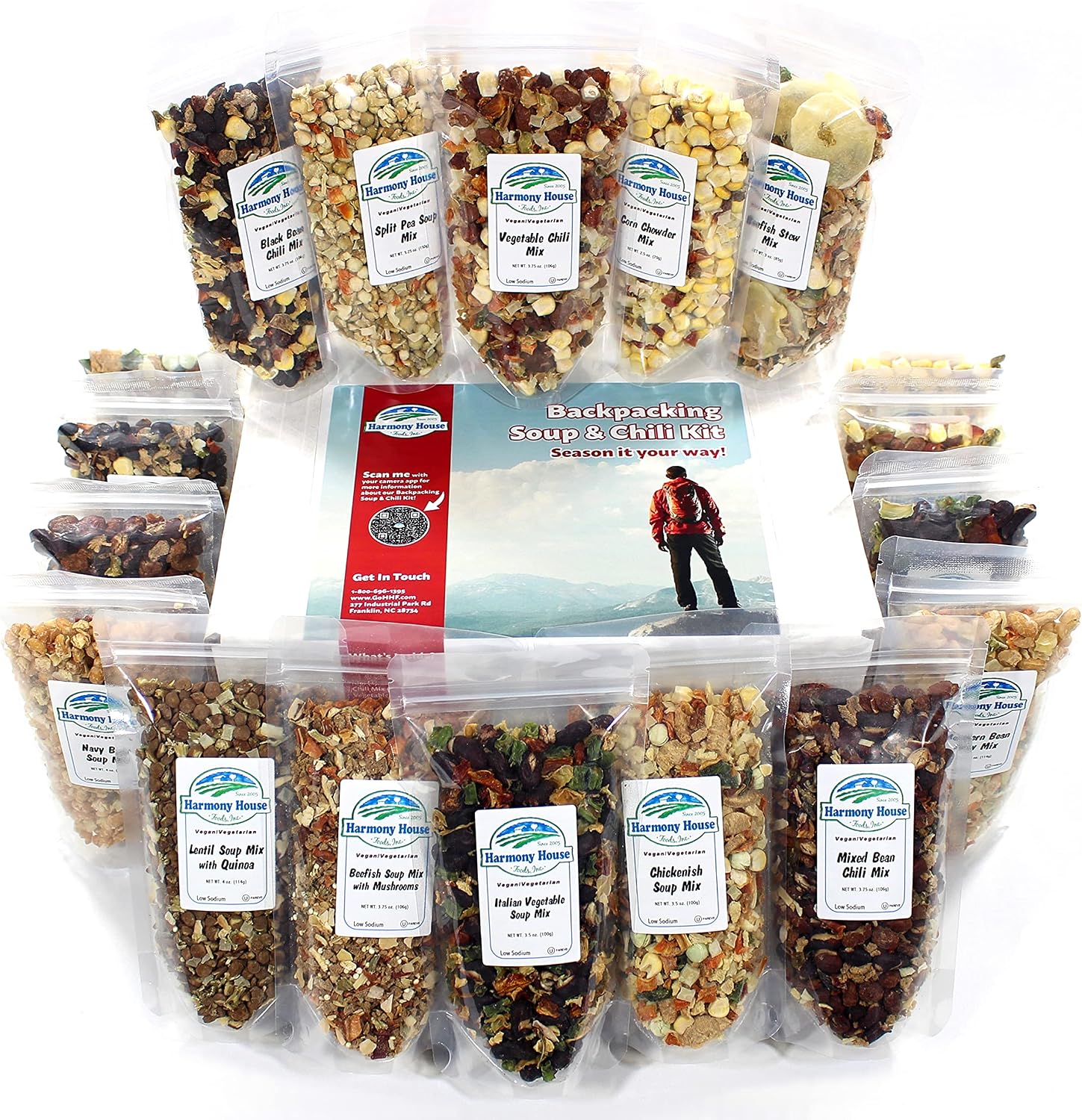 Harmony House Backpacking Soup and Chili Kit (Unseasoned) – 18 Count Variety Pack, Resealable Zip Pouches, For Cooking, Camping