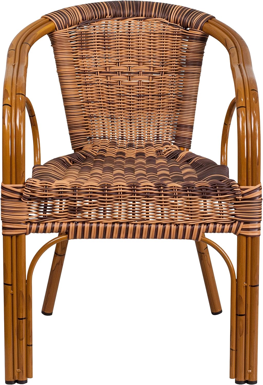 EMMA + OLIVER Brown Rattan Patio Chair with Dark Red Bamboo | Durable Construction, Commercial Use