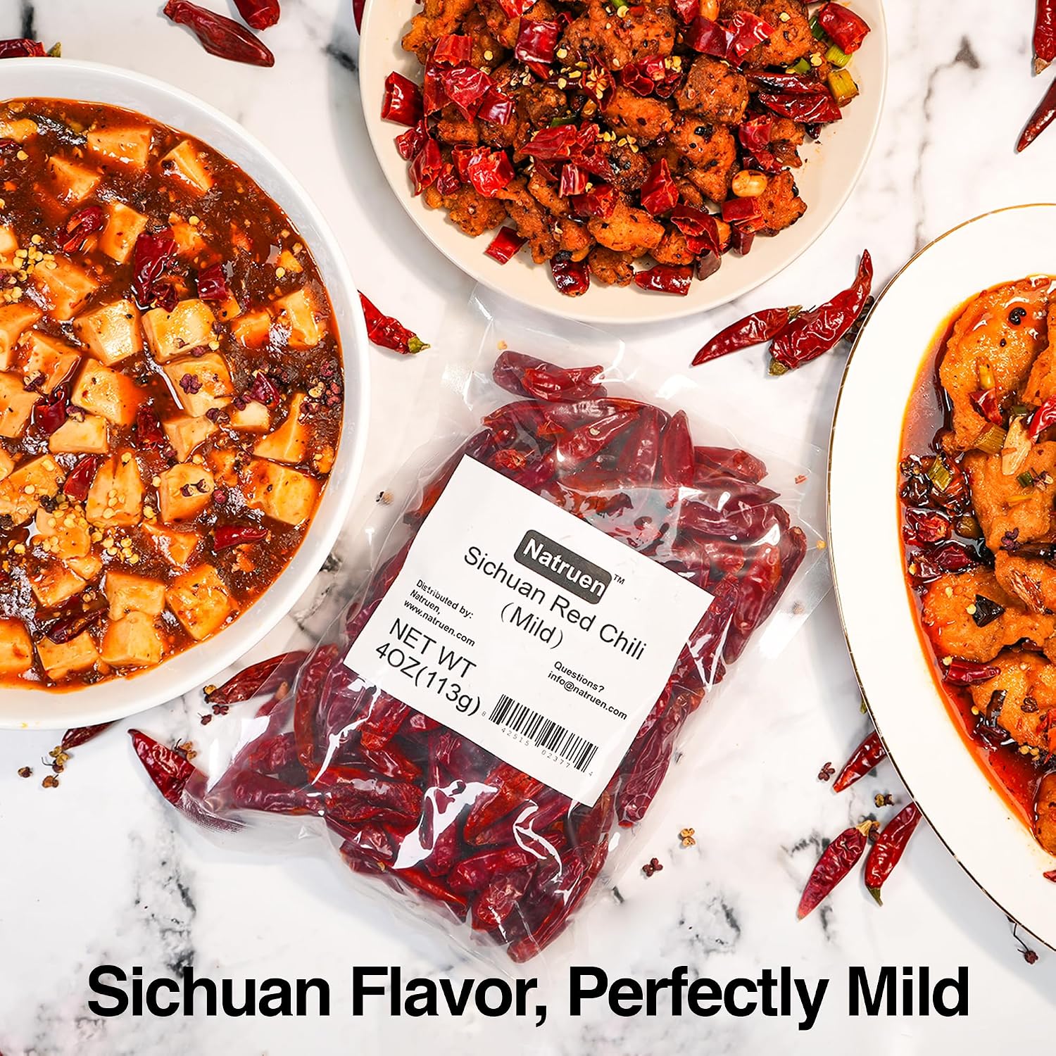 Natruen Dried Sichuan Red Chili Pods 4 oz, Medium Hot, Whole Chilies