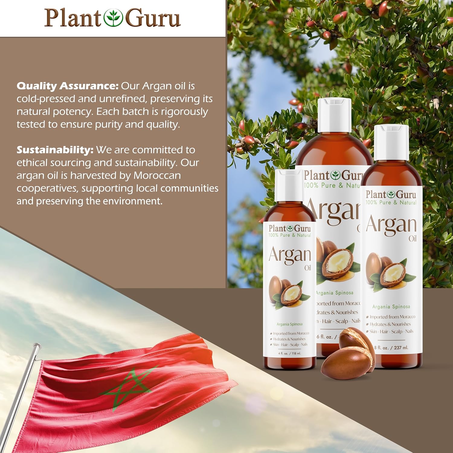 Plant Guru Argan Oil 16 fl. oz. Morocco Virgin, Cold Pressed 100% Pure Natural - Stimulates Hair Growth, Skin, Face And Body Moisturizer.