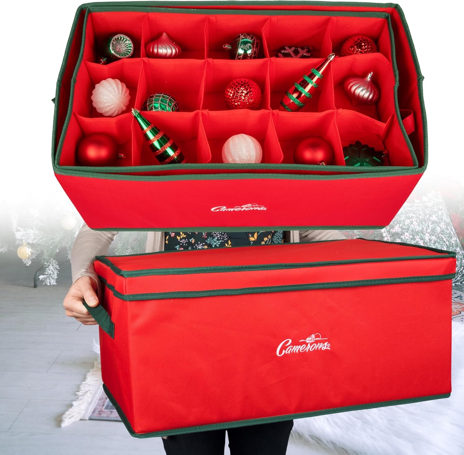 Camerons Christmas Ornament Storage Container Organizer with 2 Removable Trays and 30 XL Decoration Storage Compartments (22.5" x 13.5" x 10")