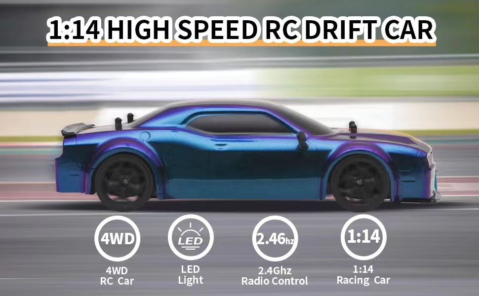 Blue RC drift car with 1:14 scale, high-speed capabilities. Features include 4WD, LED lights, 2.4GHz radio control, and is designed for racing.