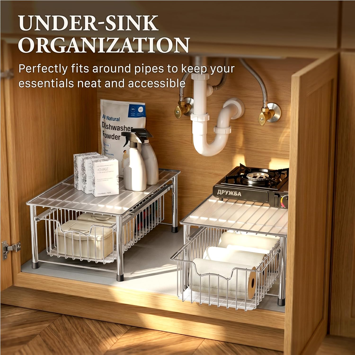 Simple Houseware Stackable 3 Tier Sliding Basket Organizer Drawer, Chrome