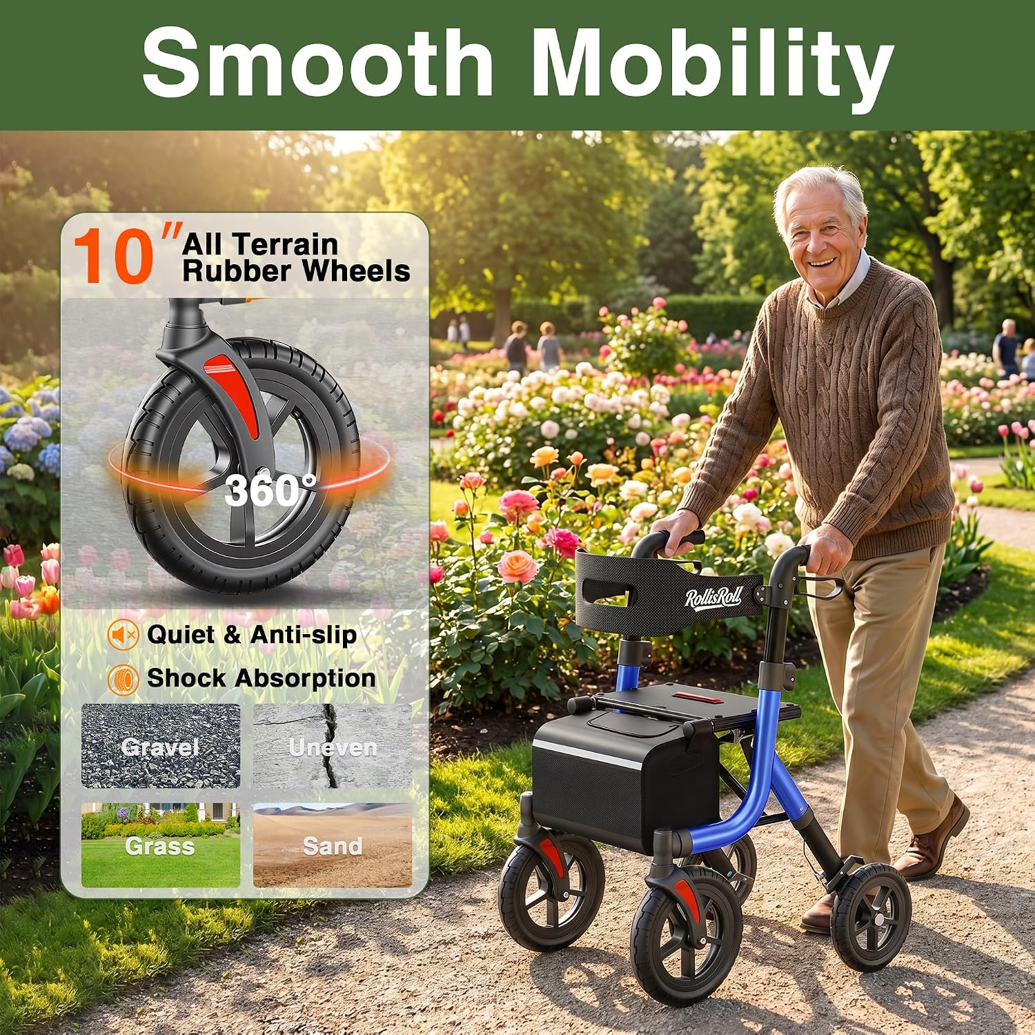 Walkers for Seniors, Rollator Walker with Seat, 10" Big Rubber Wheels All Terrain Rolling Walker, Lightweight Foldable Rollator Walker, Built-in Cable, Reinforced Aluminum Frame, Orange