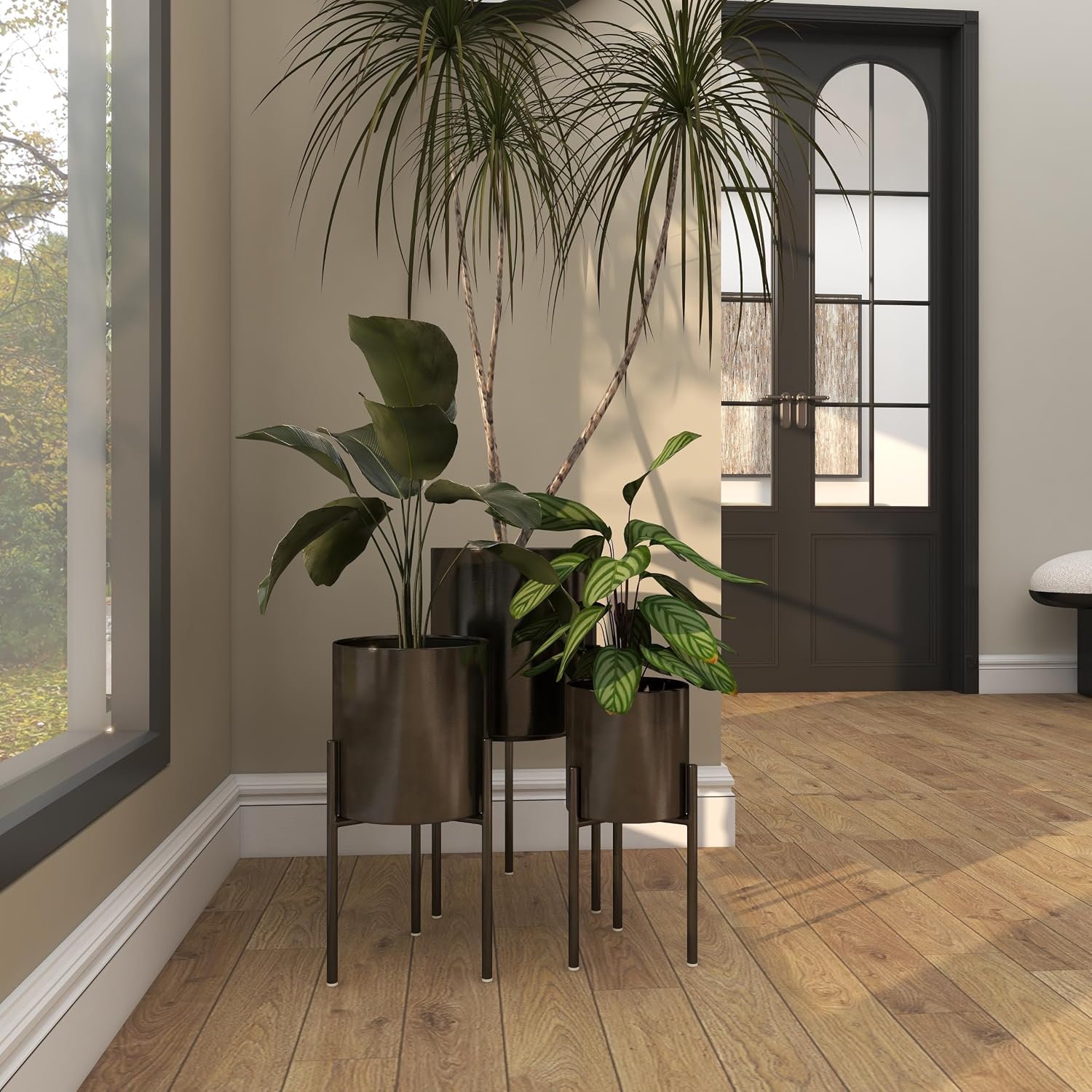 Deco 79 Metal Round Planter with Removable Stand, Set of 2 16", 13"H, Black