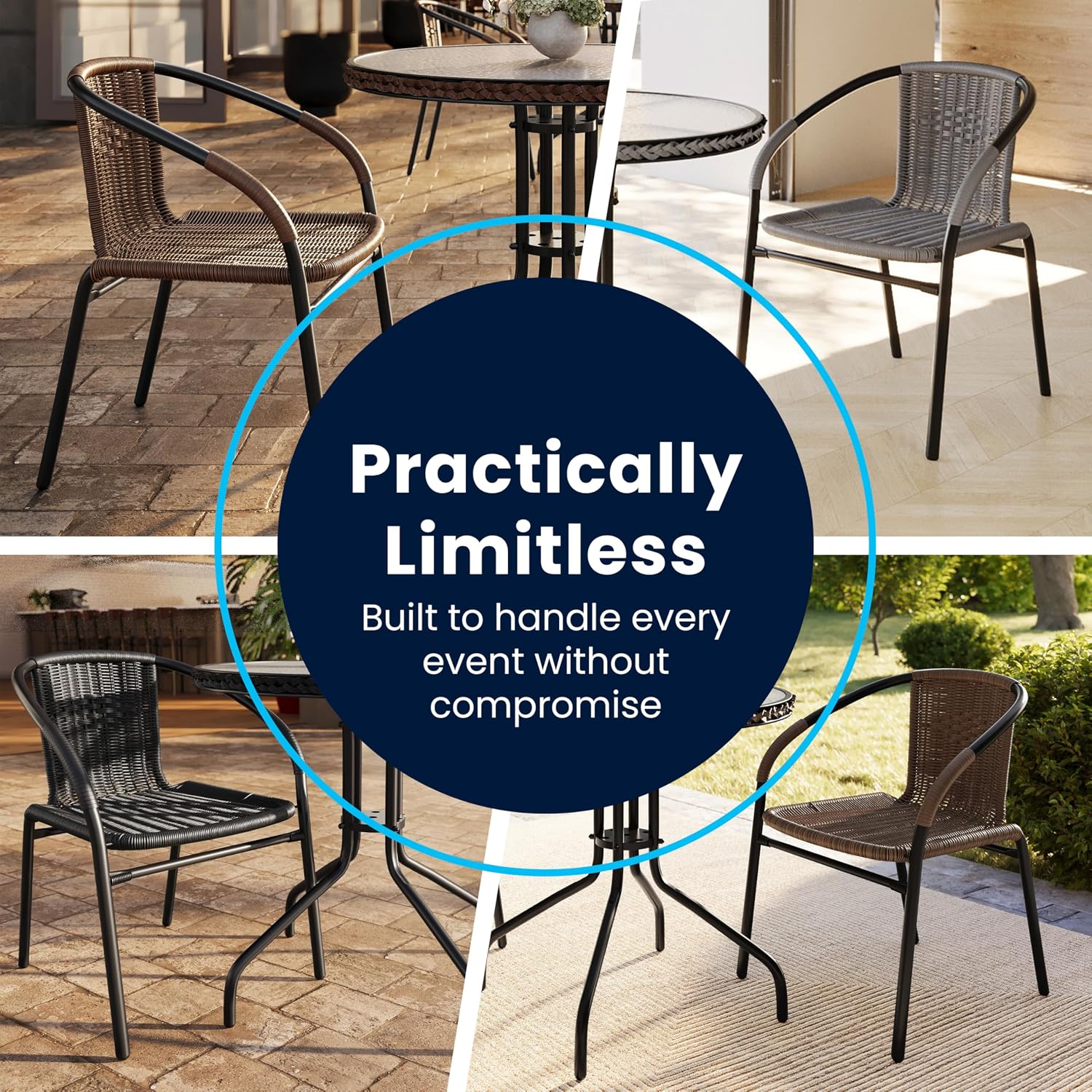 Flash Furniture Lila Modern Rattan Indoor/Outdoor Stackable Dining Chairs, Stacking Rattan Bistro Chairs for Patio or Restaurant, Set of 4, Brown | Commercial Grade, Indoor/Outdoor Use