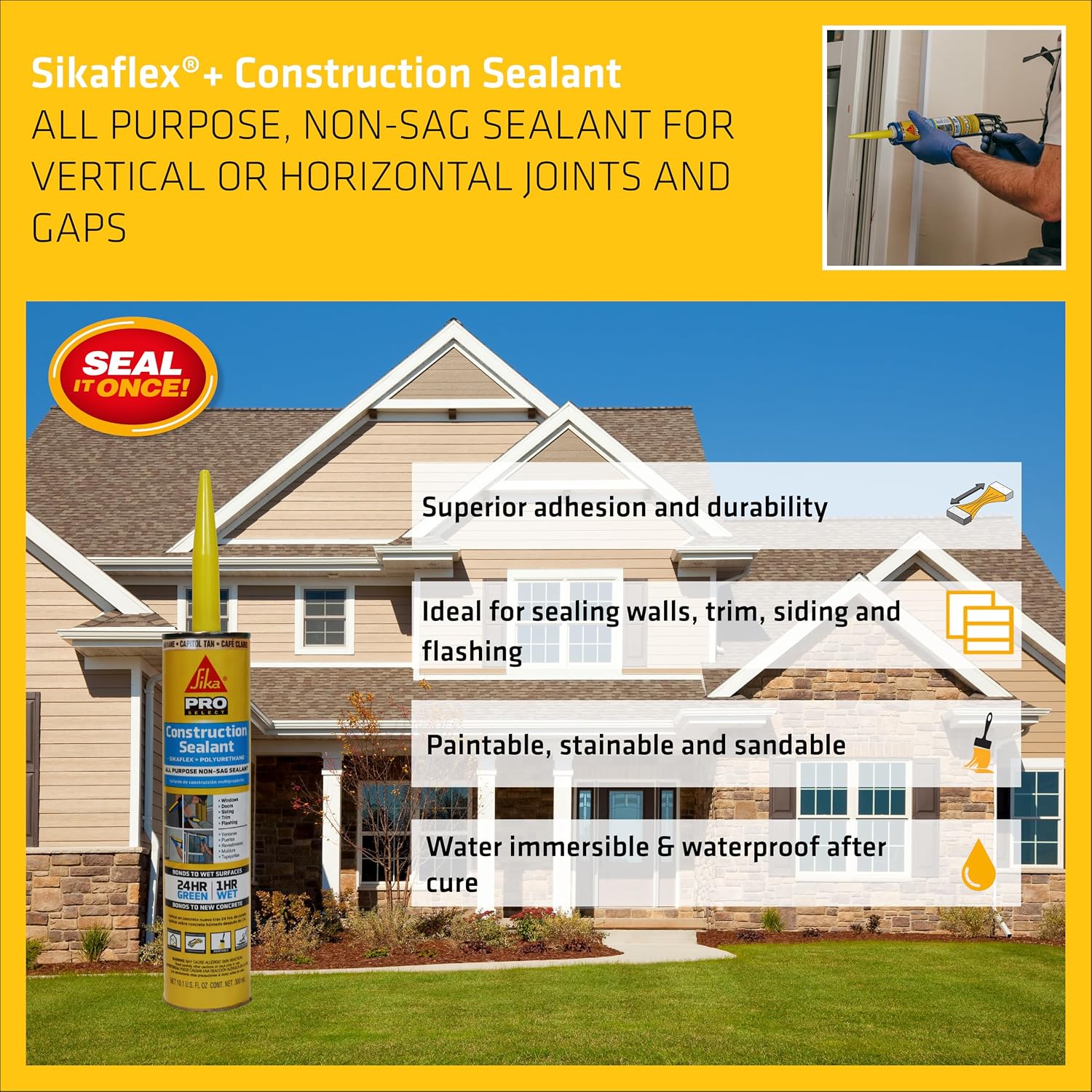 SIKA Sikaflex Construction Sealant - White, All-Purpose Polyurethane for Joints 1/2" or Smaller - 10.1 fl. oz - Weatherproof, High Elasticity, Paintable, Strong Adhesion