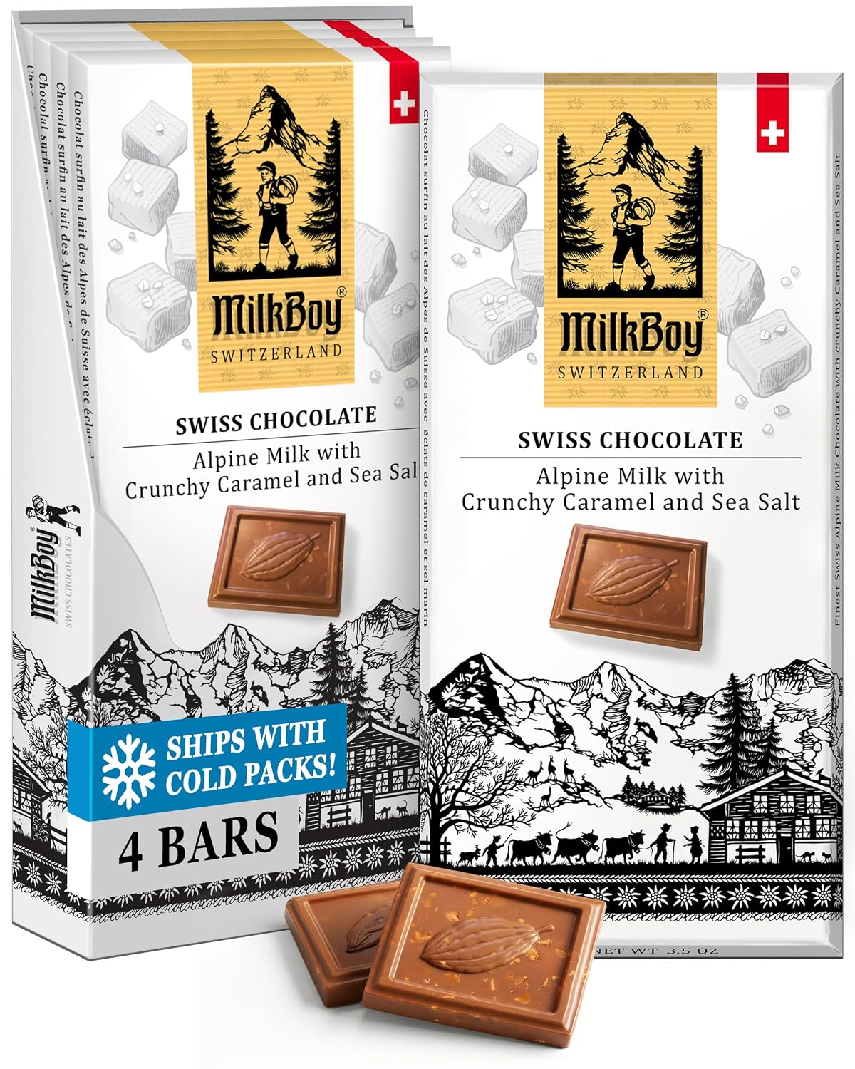 MilkBoy Swiss Chocolates Milk Chocolate Bars, Caramel Salt - 3 oz, 5 Pack | Premium gourmet treat with crunchy caramel and sea salt. Gluten free. Non-GMO. Kosher. Crafted in Switzerland.