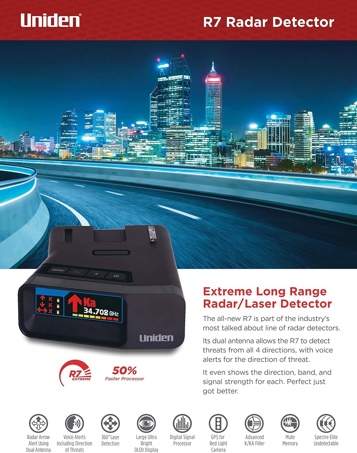 Uniden R7 Extreme Long-Range Laser-Radar Detector, Built-in GPS w/ Real-Time Alerts, Dual-Antennas Front & Rear w/Directional Arrows, Voice Alerts