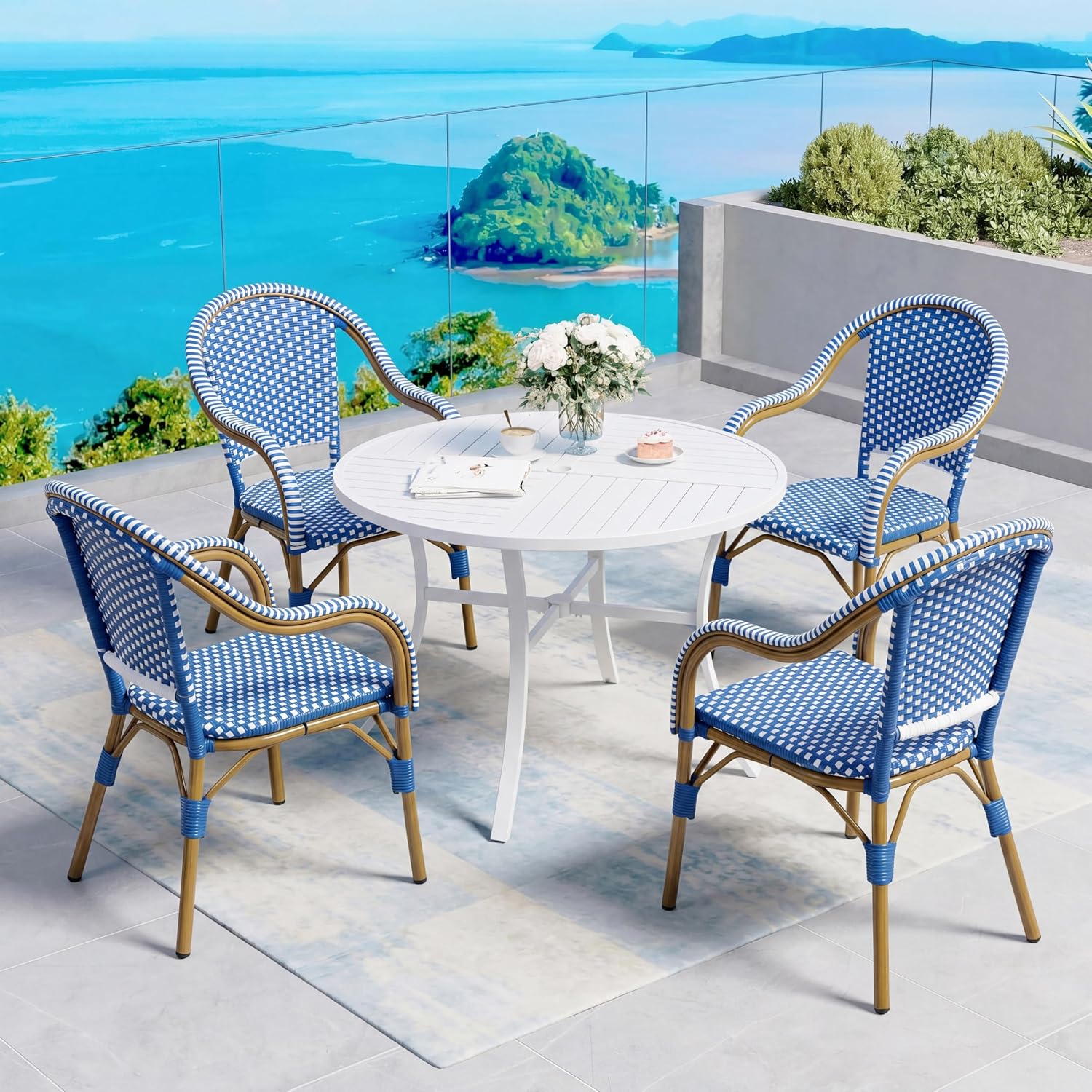 Christopher Knight Home Gwendolyn Outdoor French Bistro Chairs (Set of 4), Black + White + Bamboo Print Finish