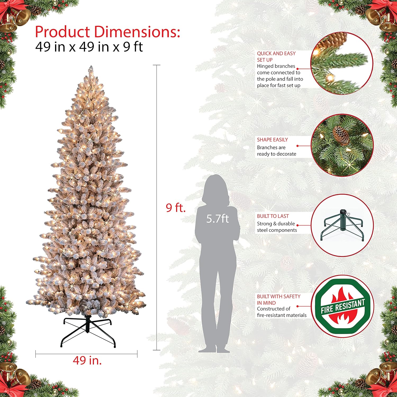 Puleo International 7.5 Foot Pre-Lit Slim Flocked Fraser Fir Artificial Christmas Tree with 500 UL Listed Clear Lights