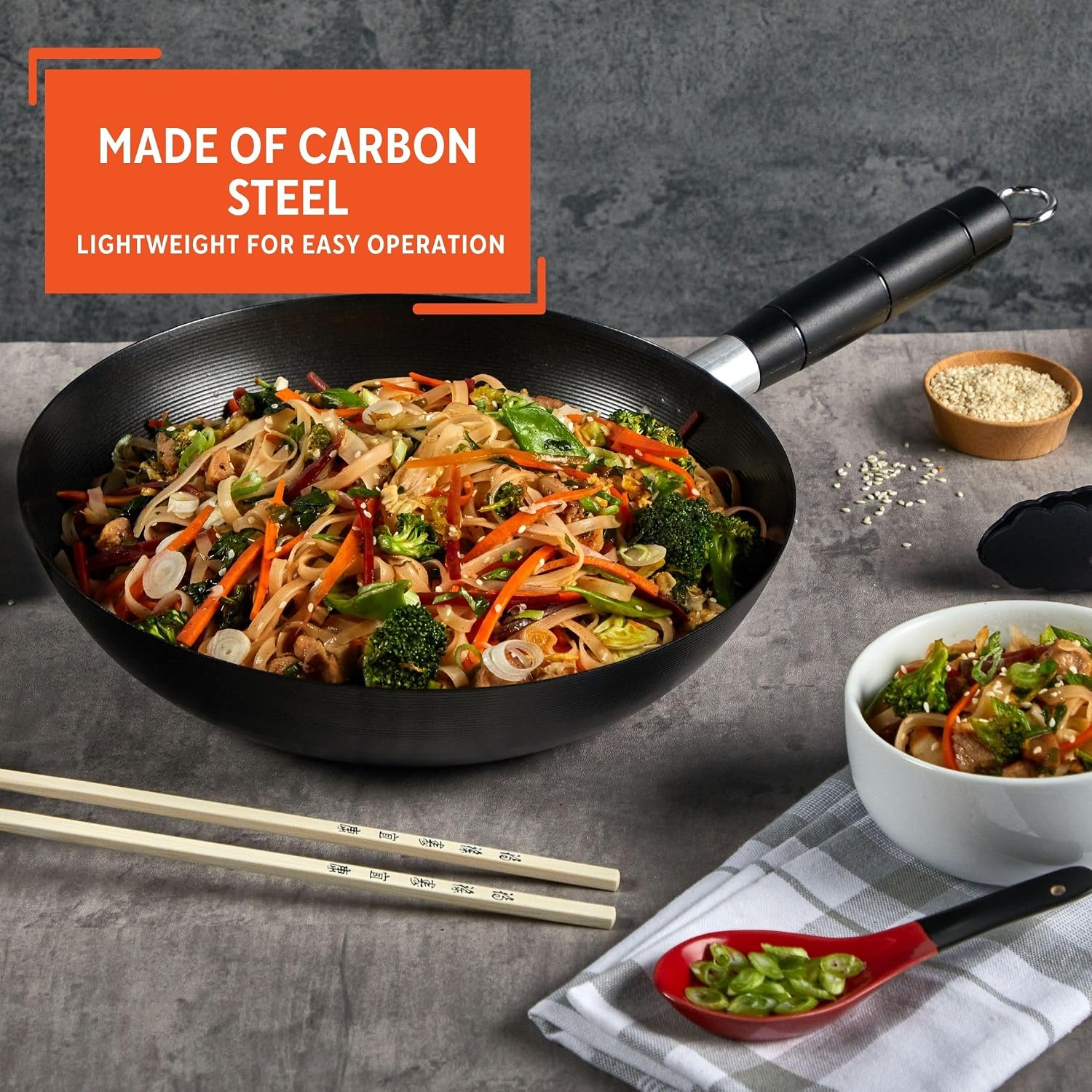 IMUSA 9.5 Inch Carbon Steel Nonstick Wok with Cool-touch Handle, Black | Cool-Touch Handle, Ideal for Stir Fry, Great for Everyday Meals