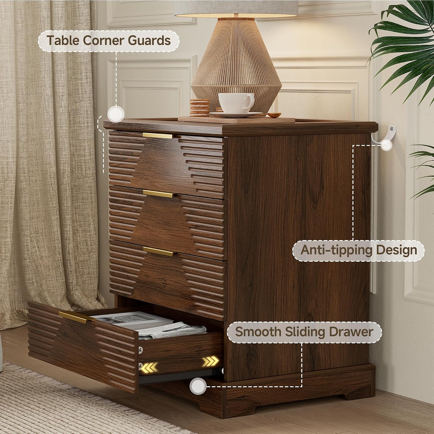 Gyfimoie Tall Nightstand with 4 Drawers Walnut Fluted Bedside Table | Stylish Fluted Design, Rich Walnut Finish, Gold Bar Pulls