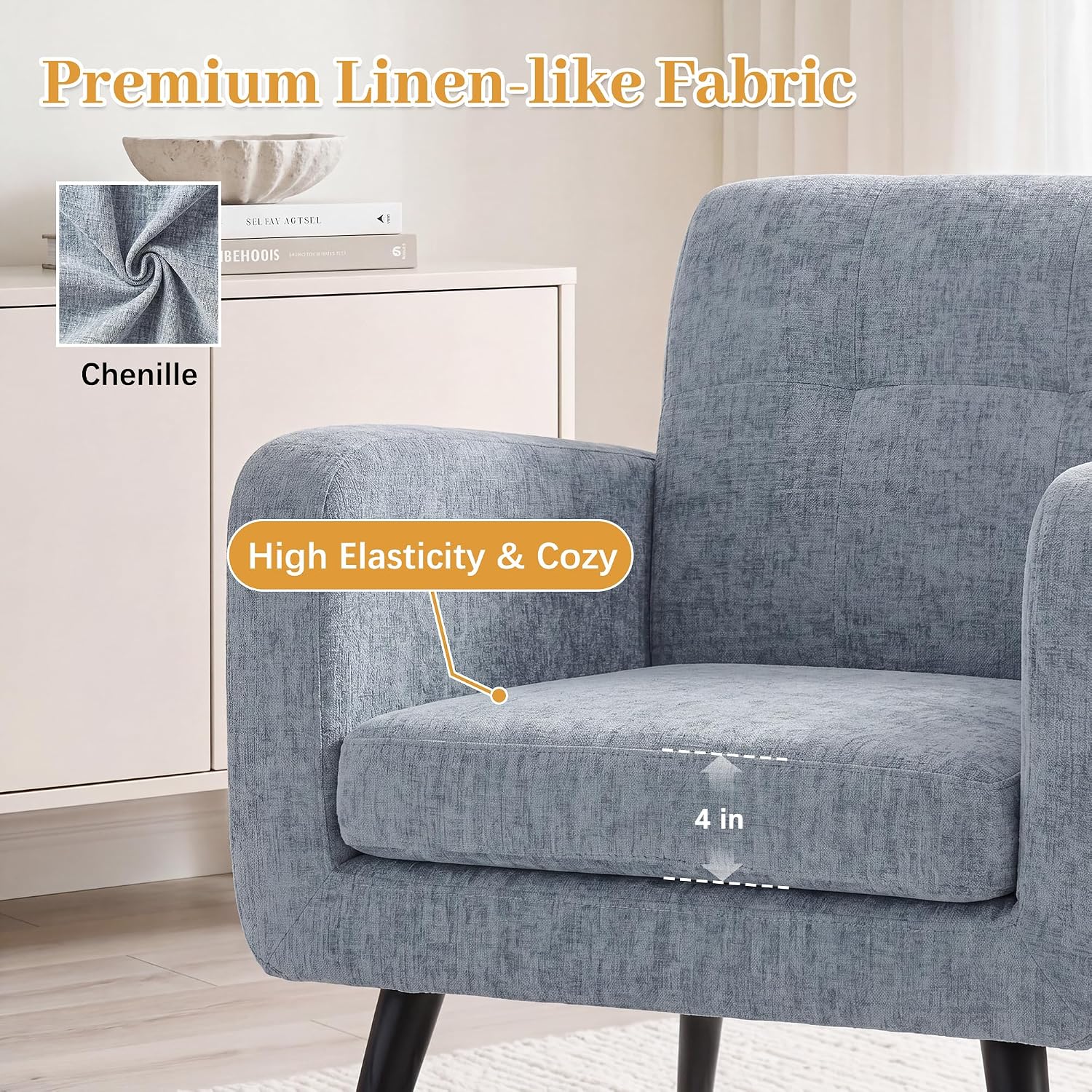 LSSPAID Modern Accent Chairs, Upholstered Fabric Cozy Armchairs, Living Room Side Chair with Solid Wood Legs, Blue