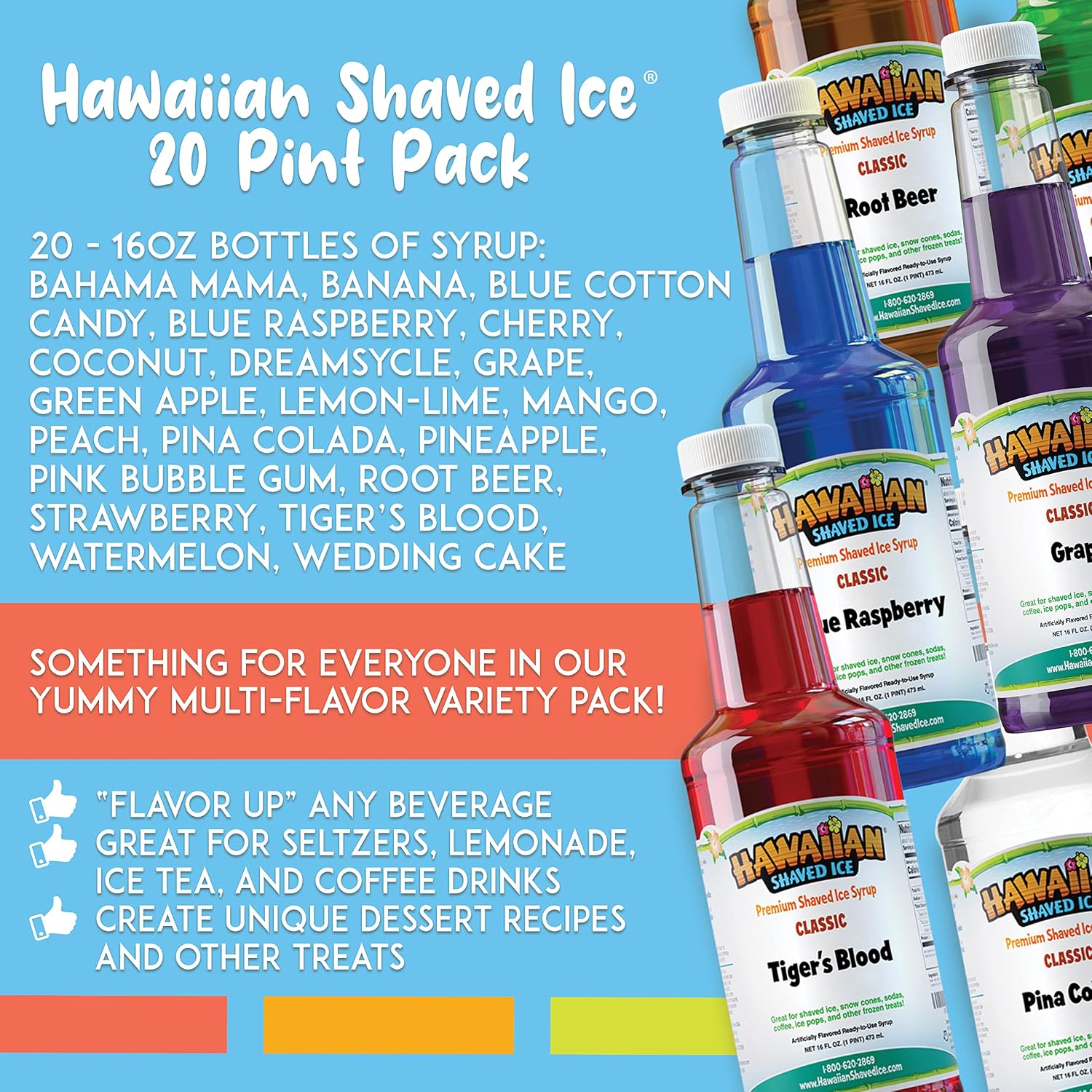 Hawaiian Shaved Ice Syrup Assortment, 20 - 16-ounce Bottles of the Most Popular Flavors Including Cherry, Grape, Blue Raspberry, Lemon-Lime