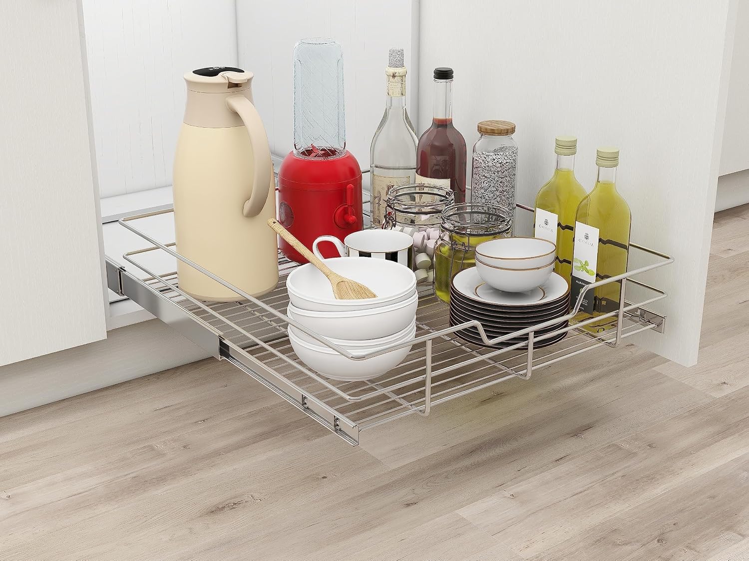 2 Tier Pull Out Cabinet Organizer 11" W X 22" D, Chromed, Full Slide Out