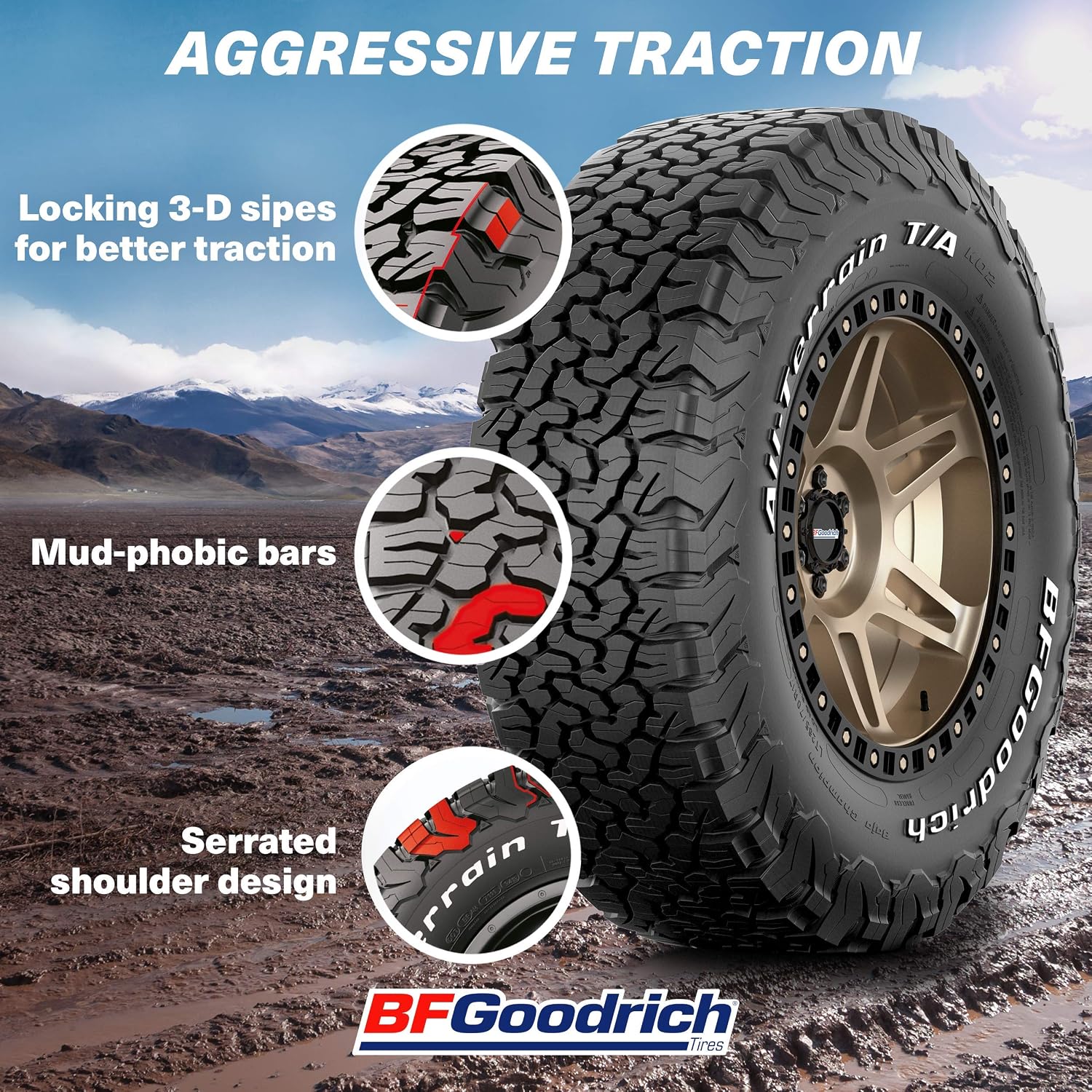 BFGoodrich All Terrain T/A KO2 Radial Car Tire for Light Trucks, SUVs, and Crossovers, LT265/70R16/E 121/118S | Light Truck All Terrain All Weather Traction 121/118S Rated E (10 Ply) Radial Construction Outlined Raised White Letters Tire