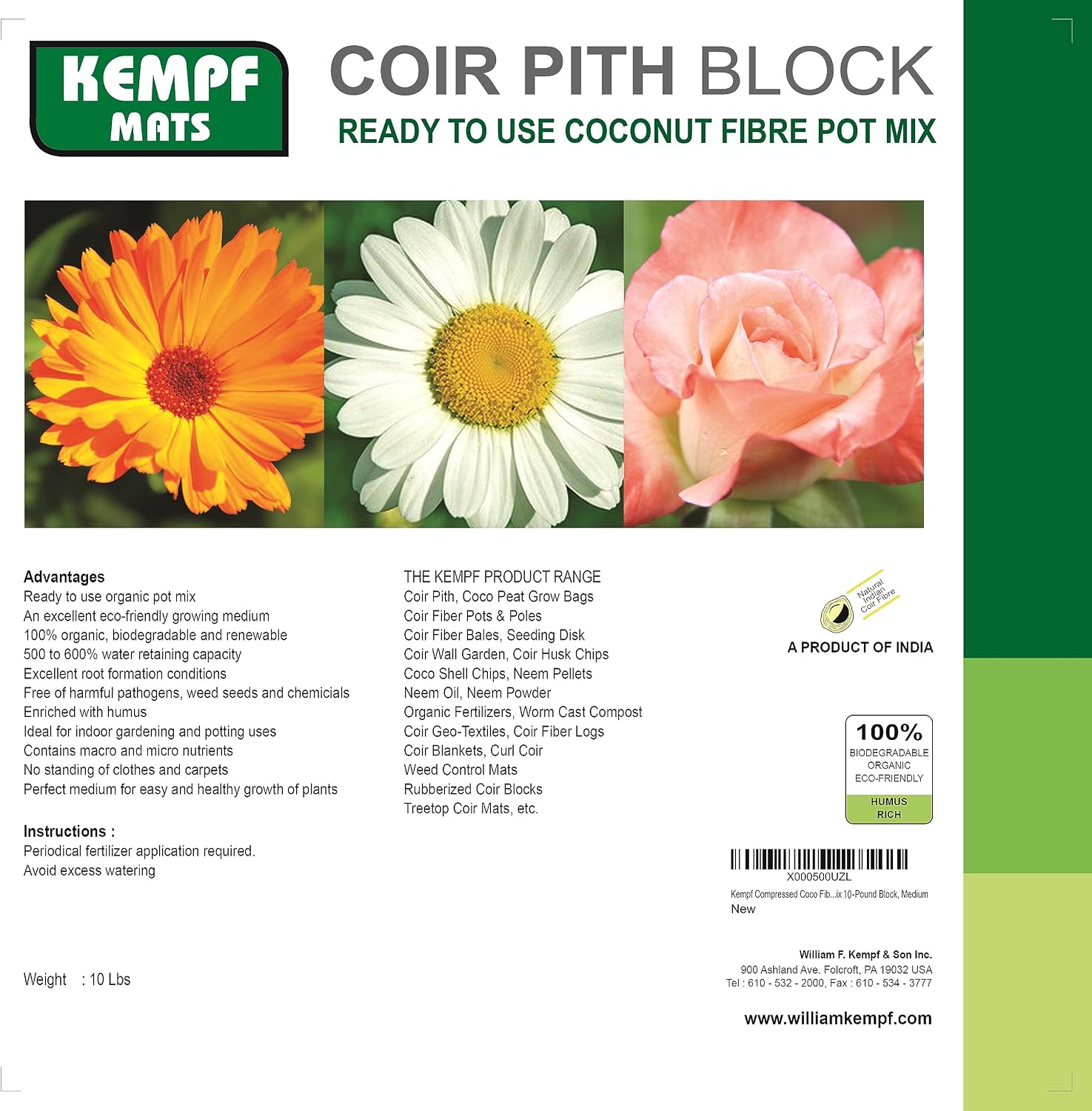 Compressed Coco Coir Pith Block, 10 Pound Block, Natural Potting Mix, Expands to 18 Gallons