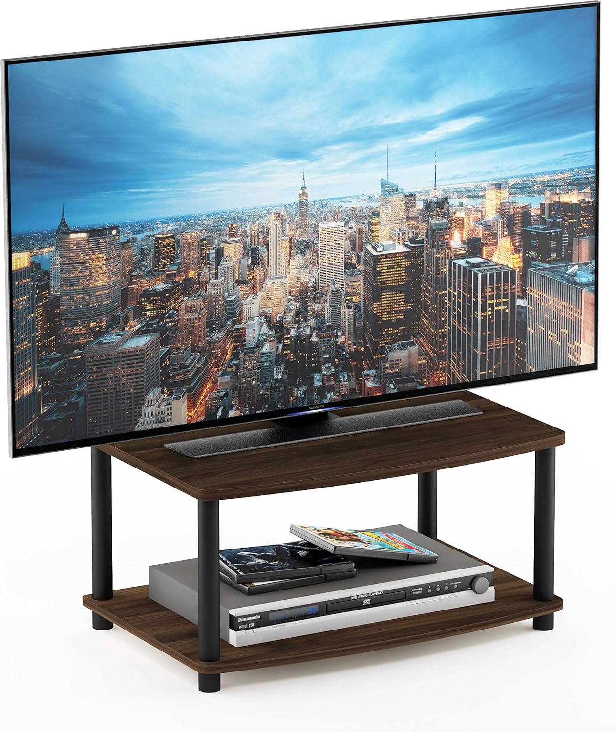Furinno Turn-N-Tube TV Riser Stand, 2-Tier Small Elevated No Tools TV Stand, TV Console for TV up to 32 inch, 15.8 x 23.8 x 11, for Living Room, Bedroom, French Oak/Black