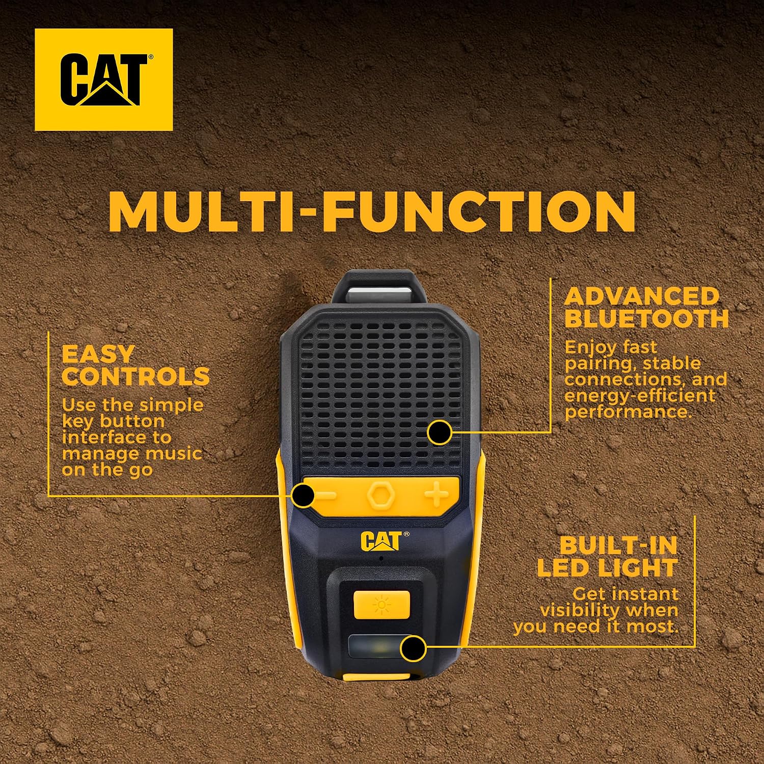 CAT Wearable Bluetooth Speaker | Clip-On Speaker with Built-in Mic for Jobsite, Construction, Outdoor | Water-Resistant | Hands-Free Calls & Music