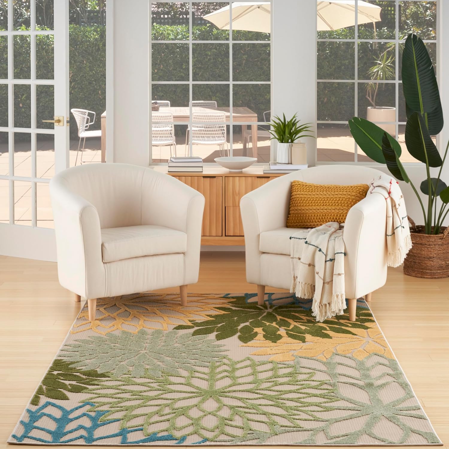 Nourison Home Aloha Indoor/Outdoor Black White 2'8" x 4' Area Rug, Tropical, Botanical, Easy Cleaning, Non Shedding, Bed Room, Living Room