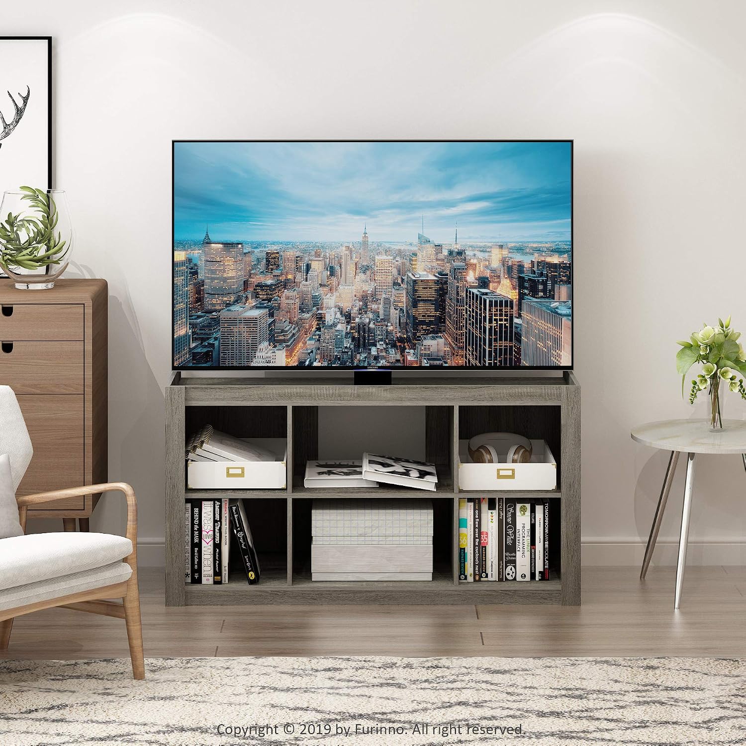 Furinno Fowler Multipurpose TV Stand Bookshelves, French Oak Grey