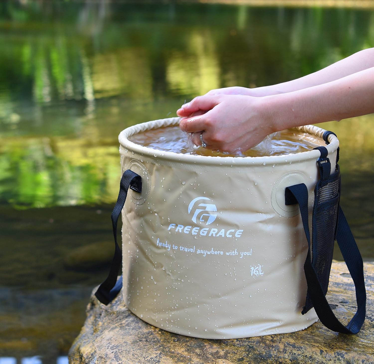 Freegrace Collapsible Bucket with Mesh Tool Pocket - 10L, 16L & 23L Portable Folding Water Container - Heavy Duty 500D Tarpaulin, BPA-Free Wash Basin for Camping, Fishing, RV, and Car Washing