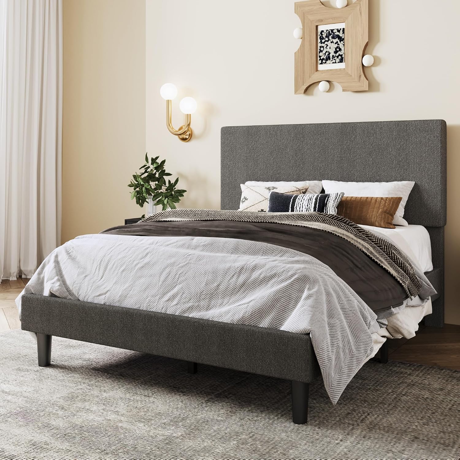 SHA CERLIN Boucle Upholstered Queen Size Bed Frame, White | Platform Bed with Adjustable Headboard, Wooden Slats Support, No Box Spring Needed, Noise-Free, Easy Assembly