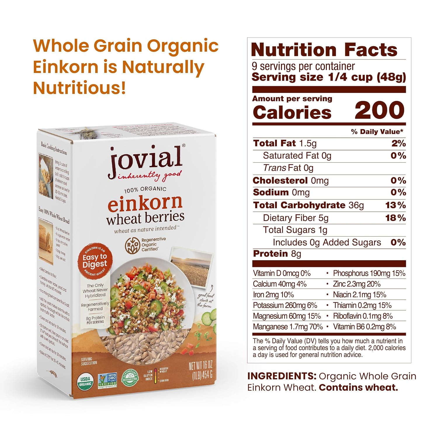 Jovial Einkorn 100% Organic Wheat Berries - Einkorn Berries, Organic Farro, High Protein, Non-GMO, USDA Certified, Lower Carb, Whole Grain, Product of Italy - 16 Oz