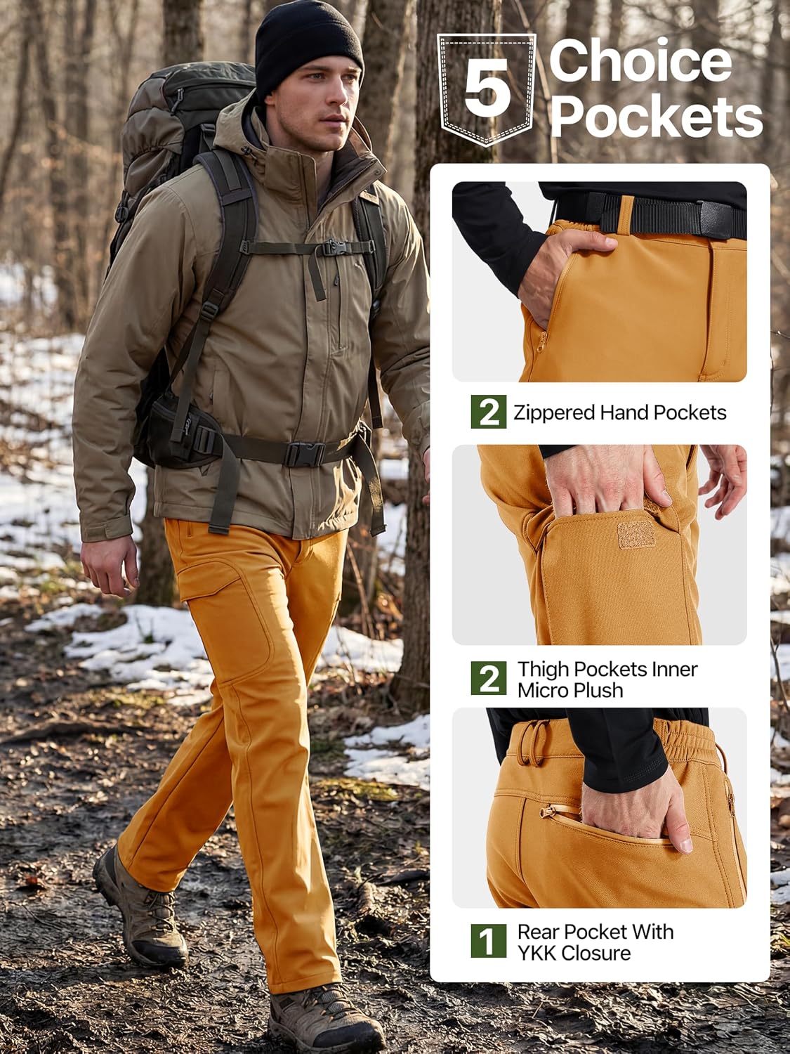 FREE SOLDIER Men's Outdoor Softshell Fleece Lined Cargo Pants | Snow Ski Hiking Pants with Belt, Waterproof Winter Pants, Insulated Work Pants, Breathable Windproof Insulated Pants