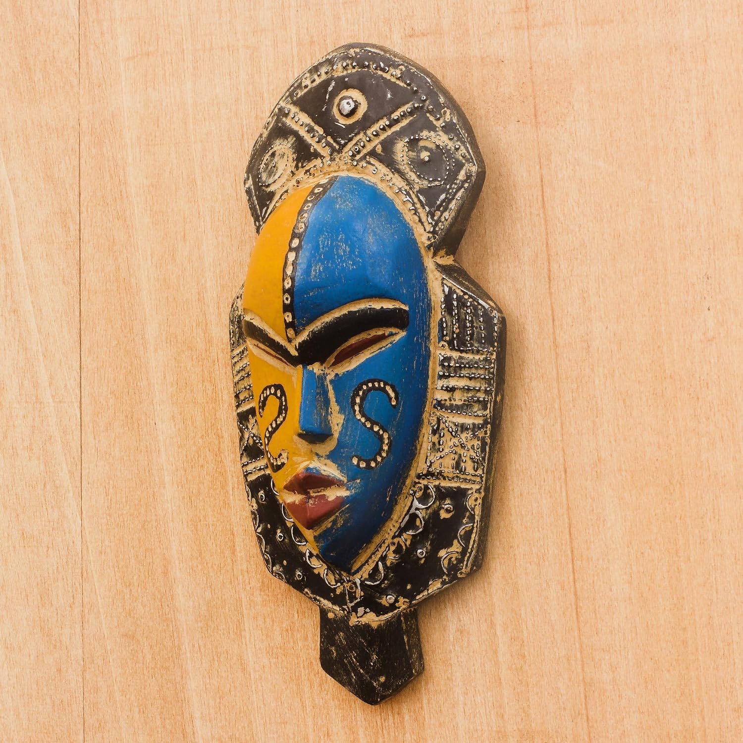 NOVICA Wood Ghanaian Decorative Mask, Multicolor, 'Dual Thandi'