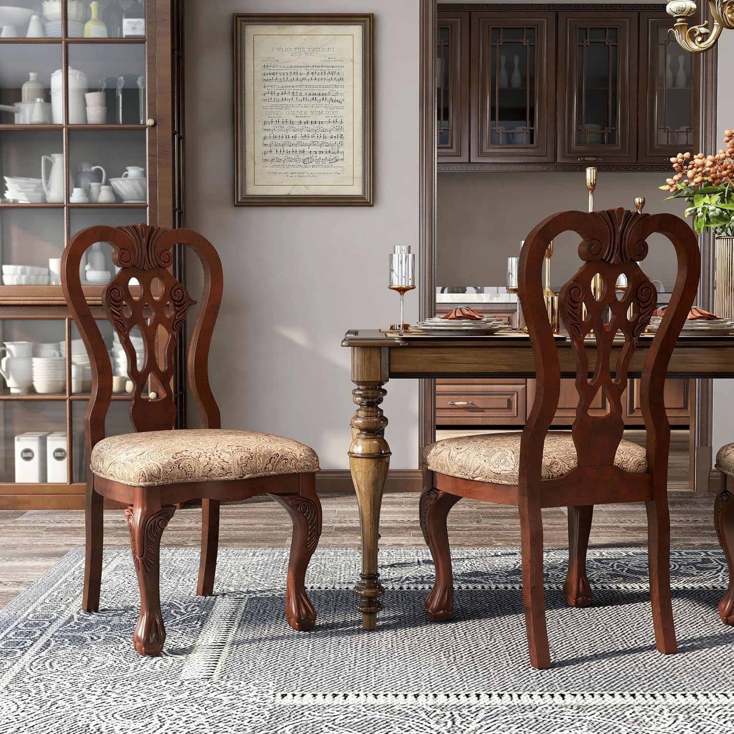 Furniture of America Madeline Traditional Solid Wood Kitchen and Dining Room Chairs Set of 2 with Pattern Fabric Upholstered, Antique Padded Side Seat