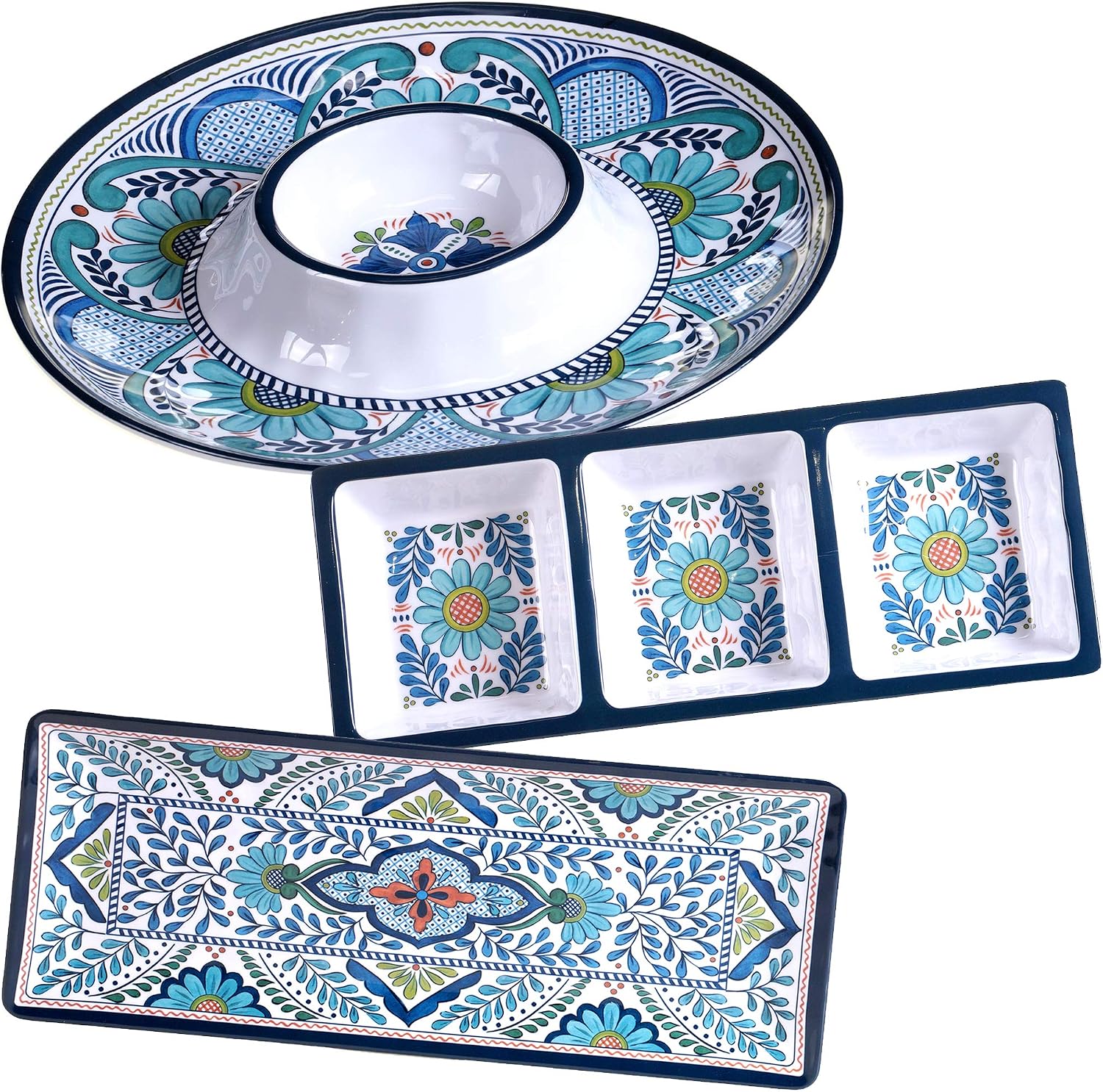 Talavera 3-Piece Melamine Hostess Serveware Set – Chip & Dip Server, 3-Section Relish Tray