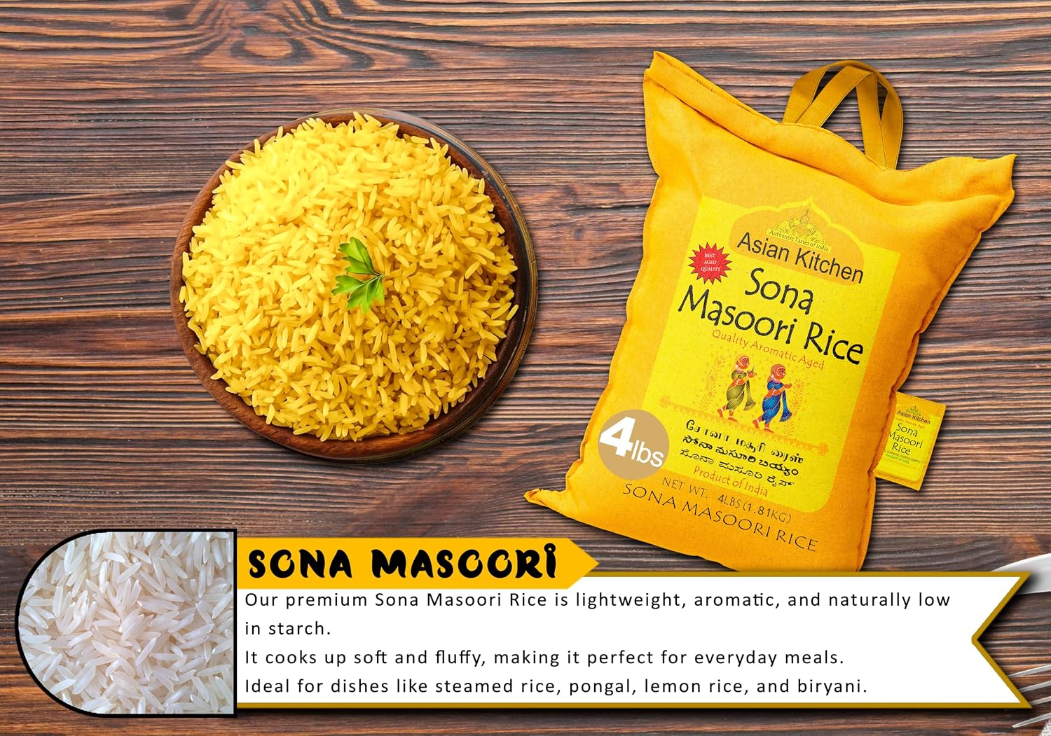 Asian Kitchen White Sona Masoori Aged Rice 20-Pound Bag, 20lbs (9.08kg) Short Grain Rice ~ All Natural | Gluten Friendly | Vegan | Kosher | Indian Origin | Export Quality