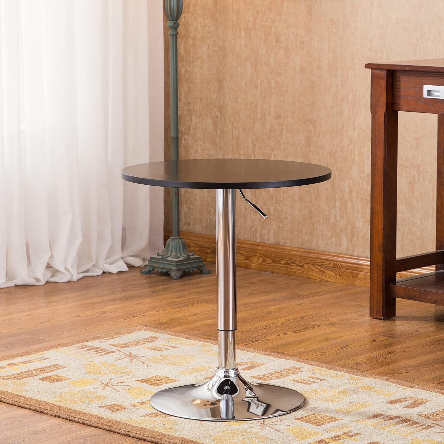 Roundhill Furniture Adjustable Height Wood and Chrome Metal Bar Table, White