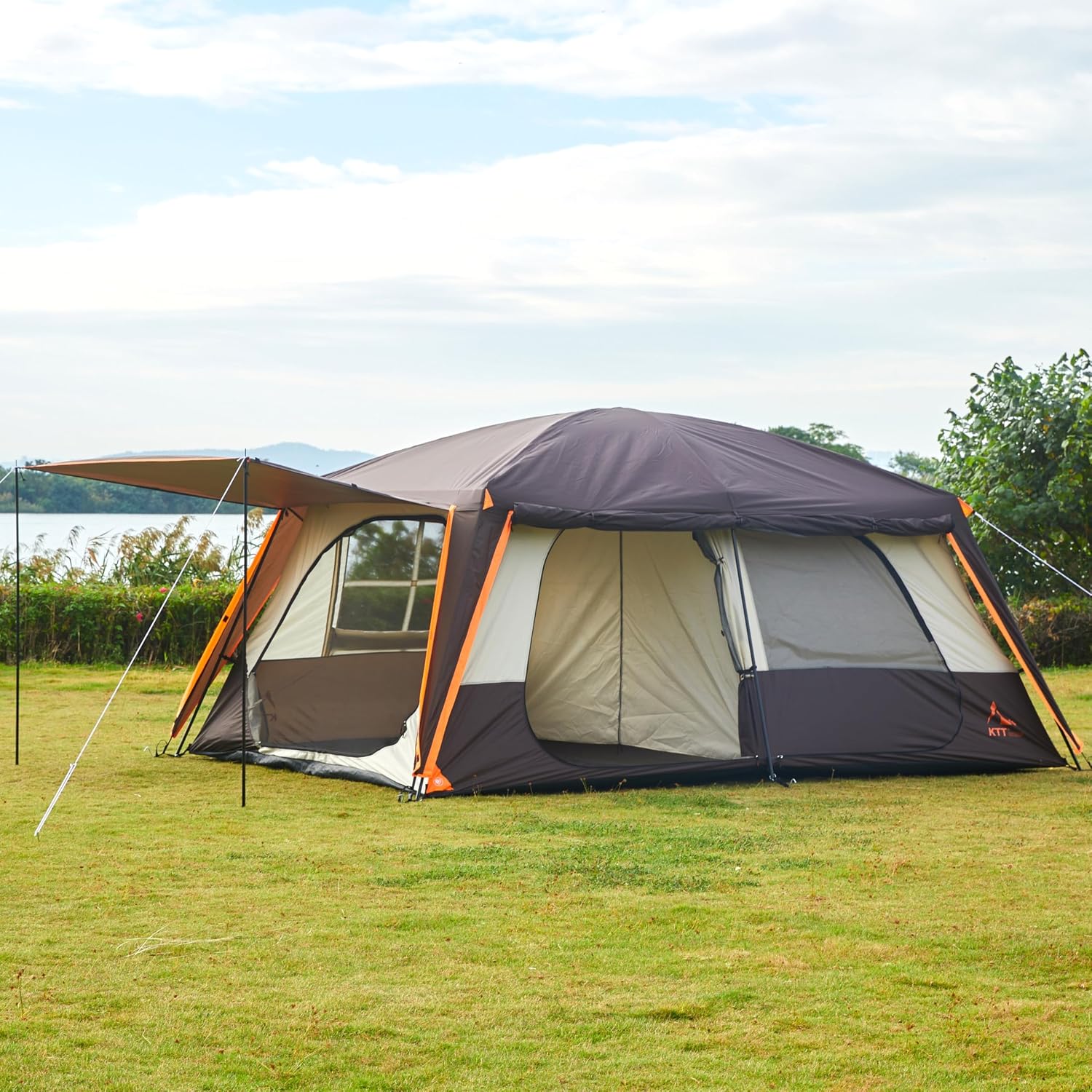 KTT Extra Large Tent 12-14 Person, Family Cabin Tents, 2 Rooms, Straight Wall, 2 Doors 4 Windows with Mesh, Waterproof, Double Layer