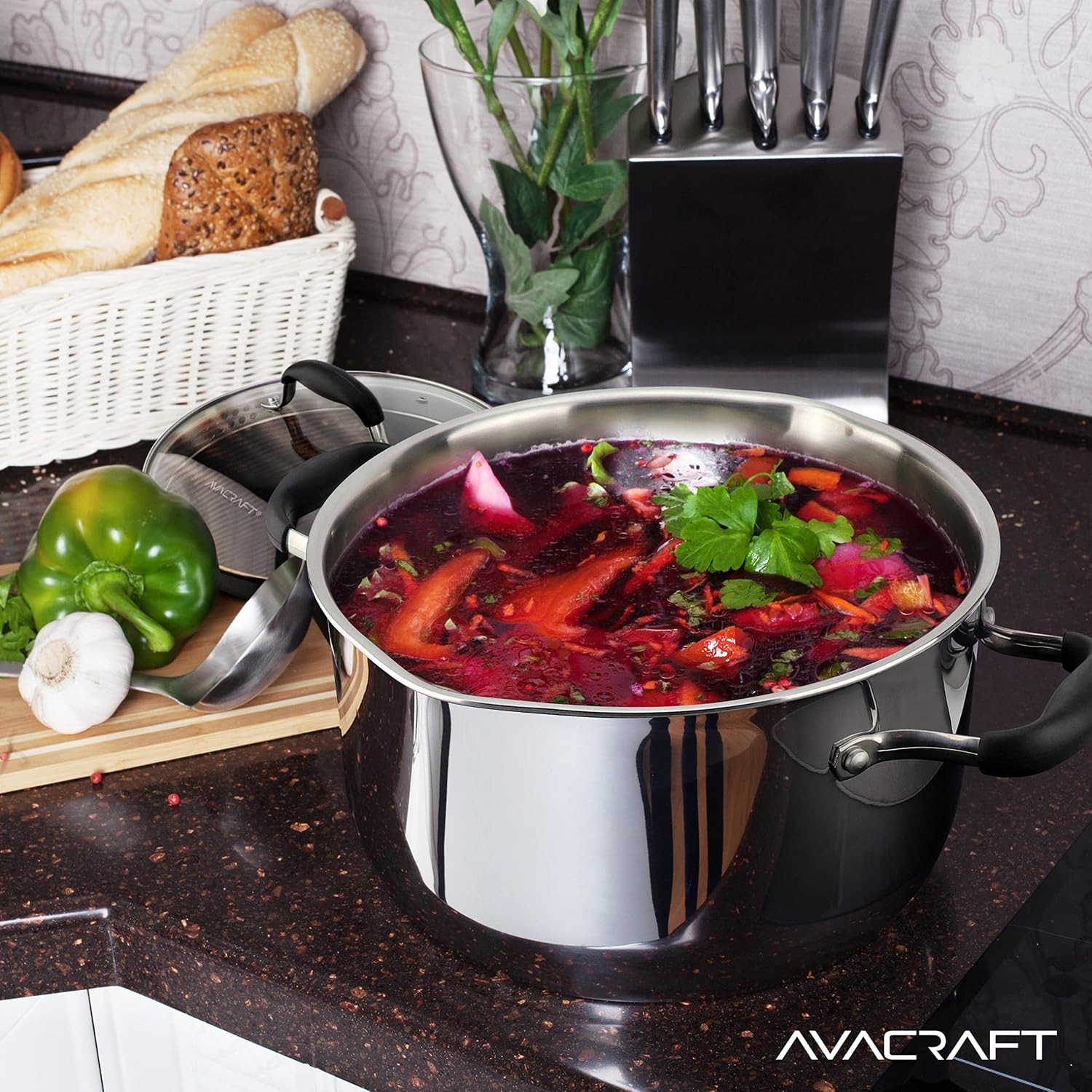 AVACRAFT 6 Quart Stainless Steel Stock Pot with Glass Strainer Lid | 5-Layer Capsule Base, Tempered Glass Strainer Lid, Drip-Free Pour Spouts, Induction Compatible, Dishwasher Safe