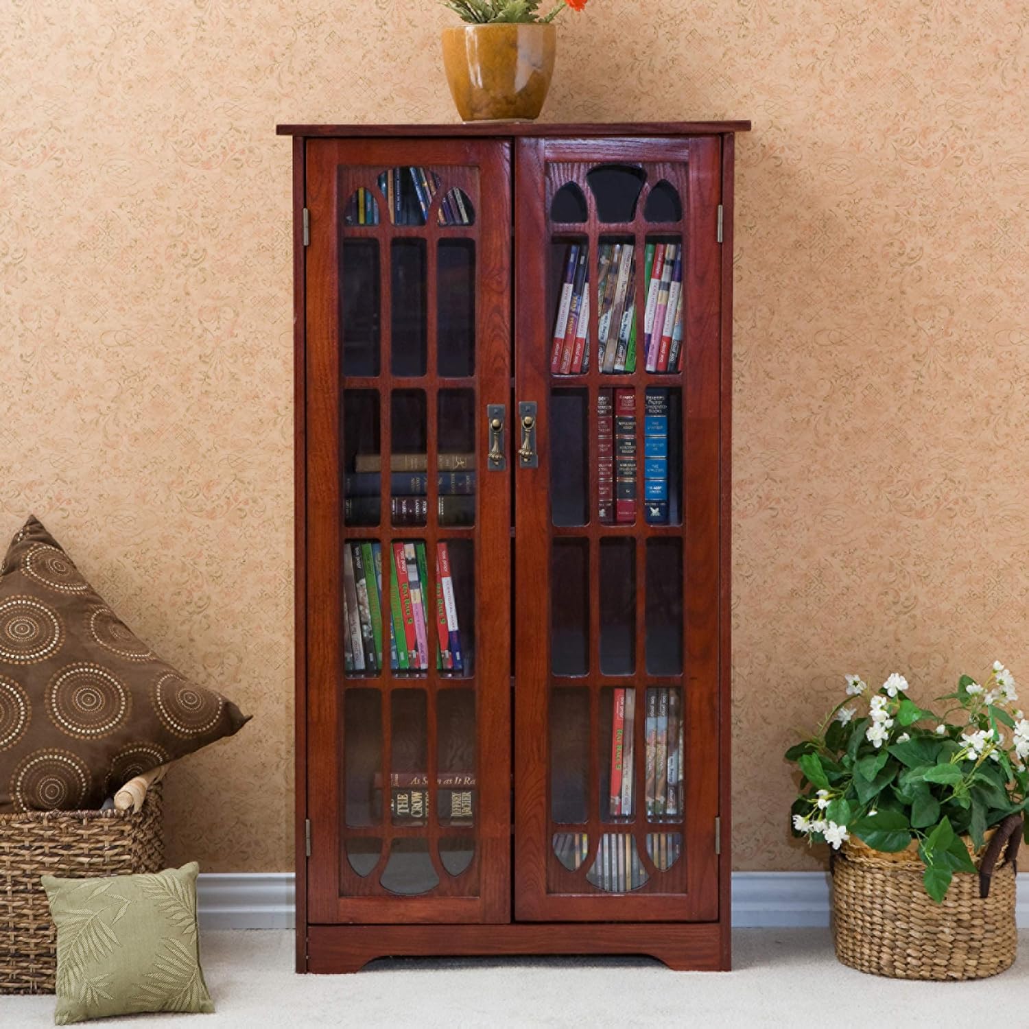 SEI Furniture - Window Pane Media Cabinet - Cherry - Transitional Design, Brown Glass and Wood - Ideal for Home Office, Living Room (MS1073)