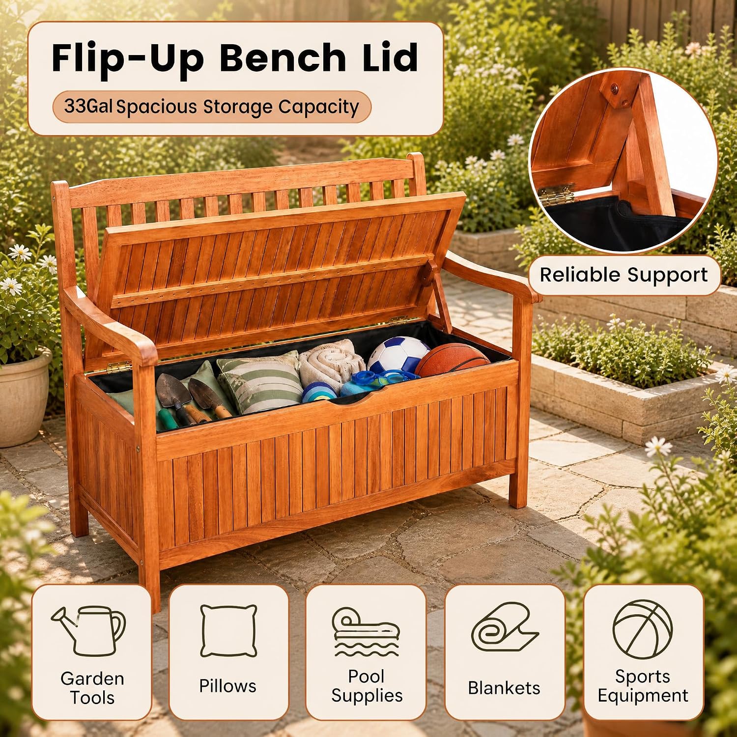 Tangkula Outdoor Wood Storage Bench Deck Box, Entryway Porch Storage Bench with Inner Removable Dust-Proof Lining & Portable Handles