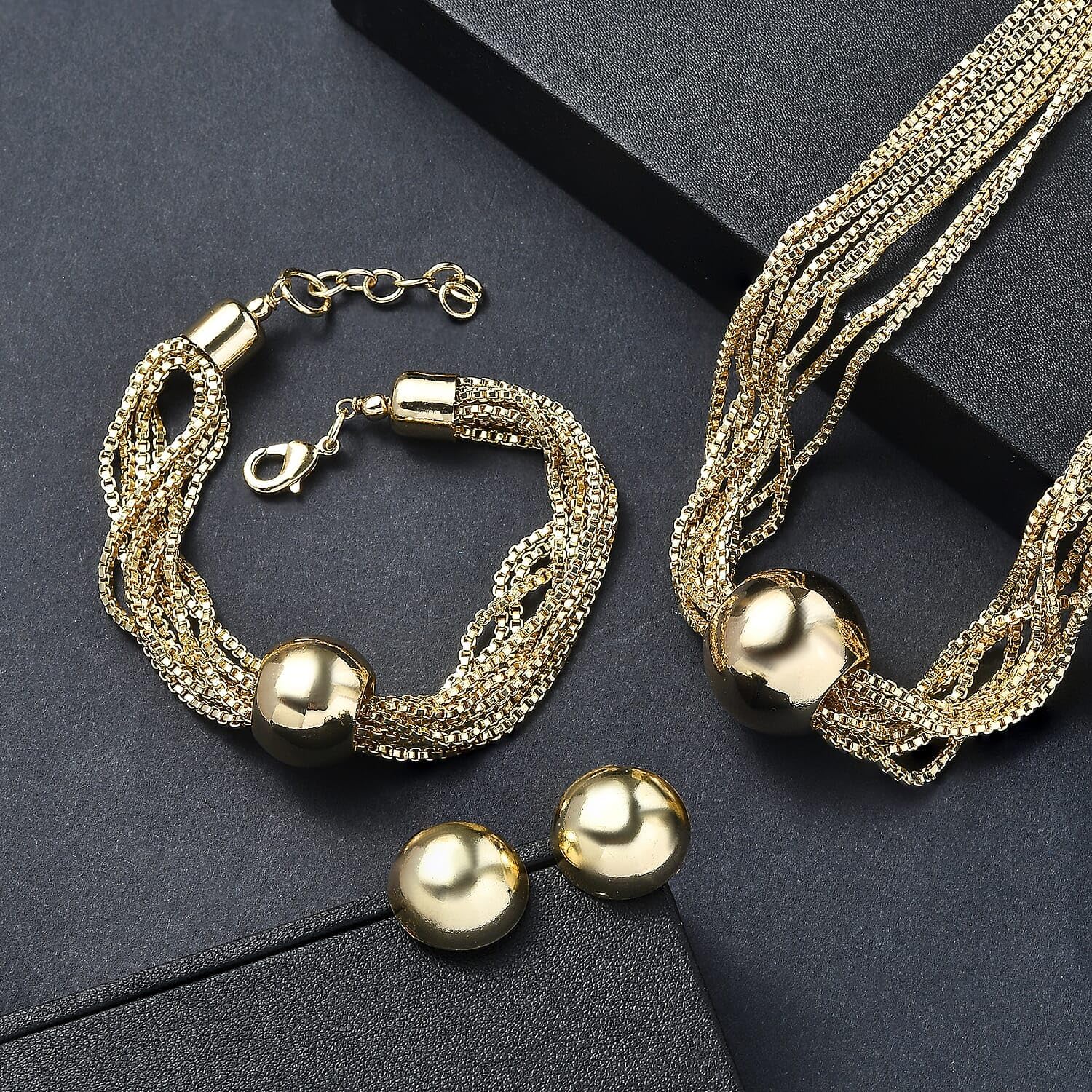3 Piece Set Multi Layer Chain Necklace 15"Bracelet 7.50In Earrings