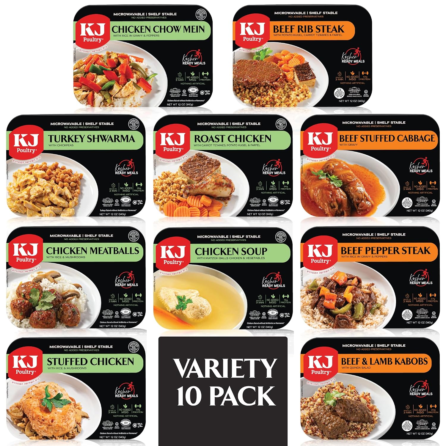 KJ Poultry Kosher Ready Meals - (10 Pack Variety - Beef, Chicken & Turkey) Prepared Entree Fully Cooked