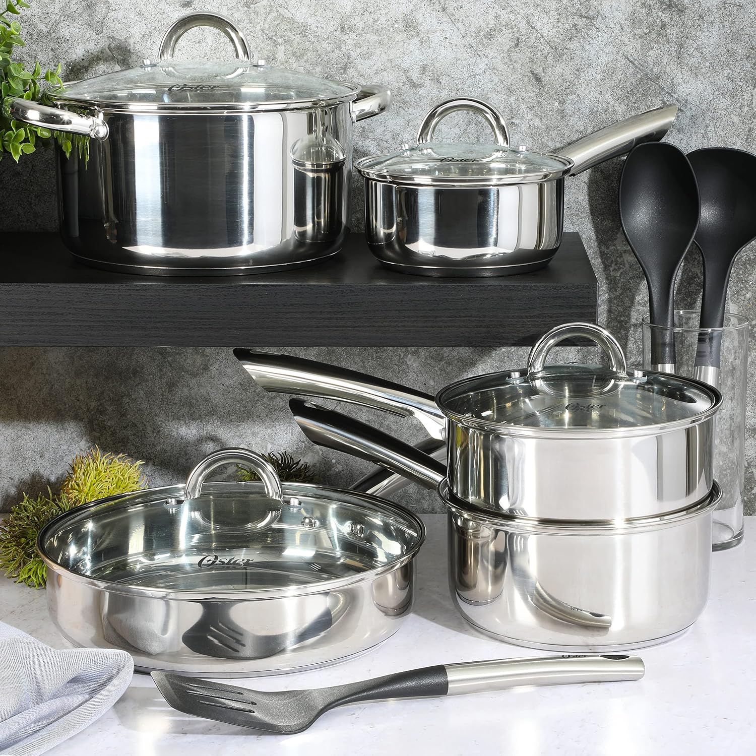 Oster Dutch Oven with Steamer Basket 3-Quart - Sangerfield Stainless Steel, Stovetop Steamer for Vegetables, Rice & Tamales, Dishwasher Safe