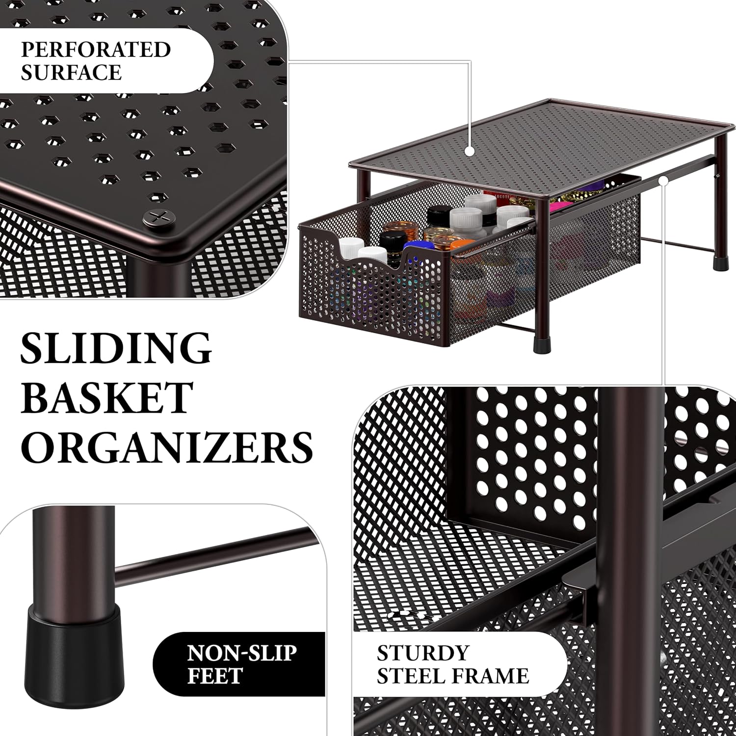 Simple Houseware Stackable 3 Tier Sliding Basket Organizer Drawer, Silver