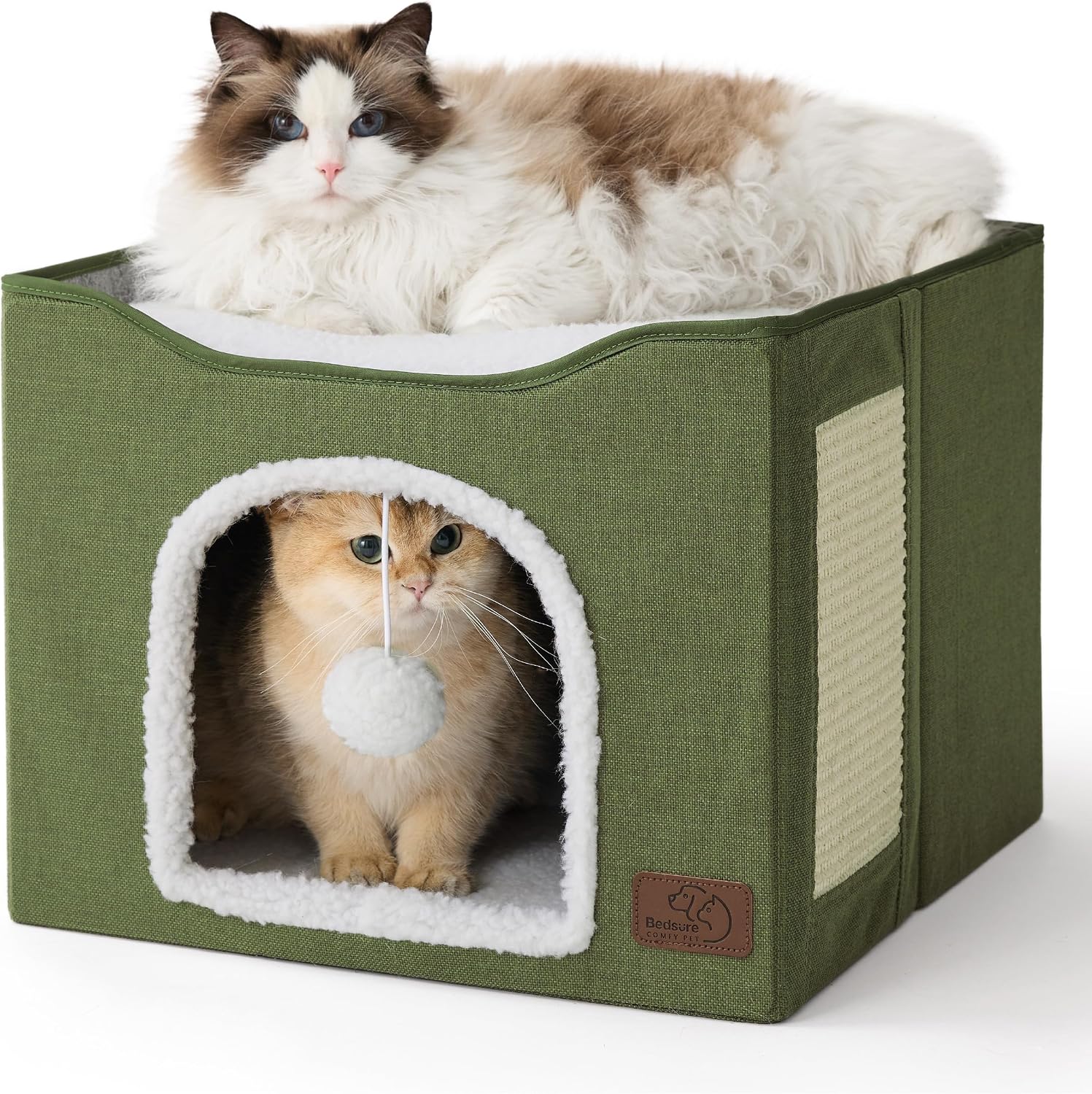 Bedsure Cat House Bed for Indoor Cats with Fluffy Ball and Scratch Pad,Grey